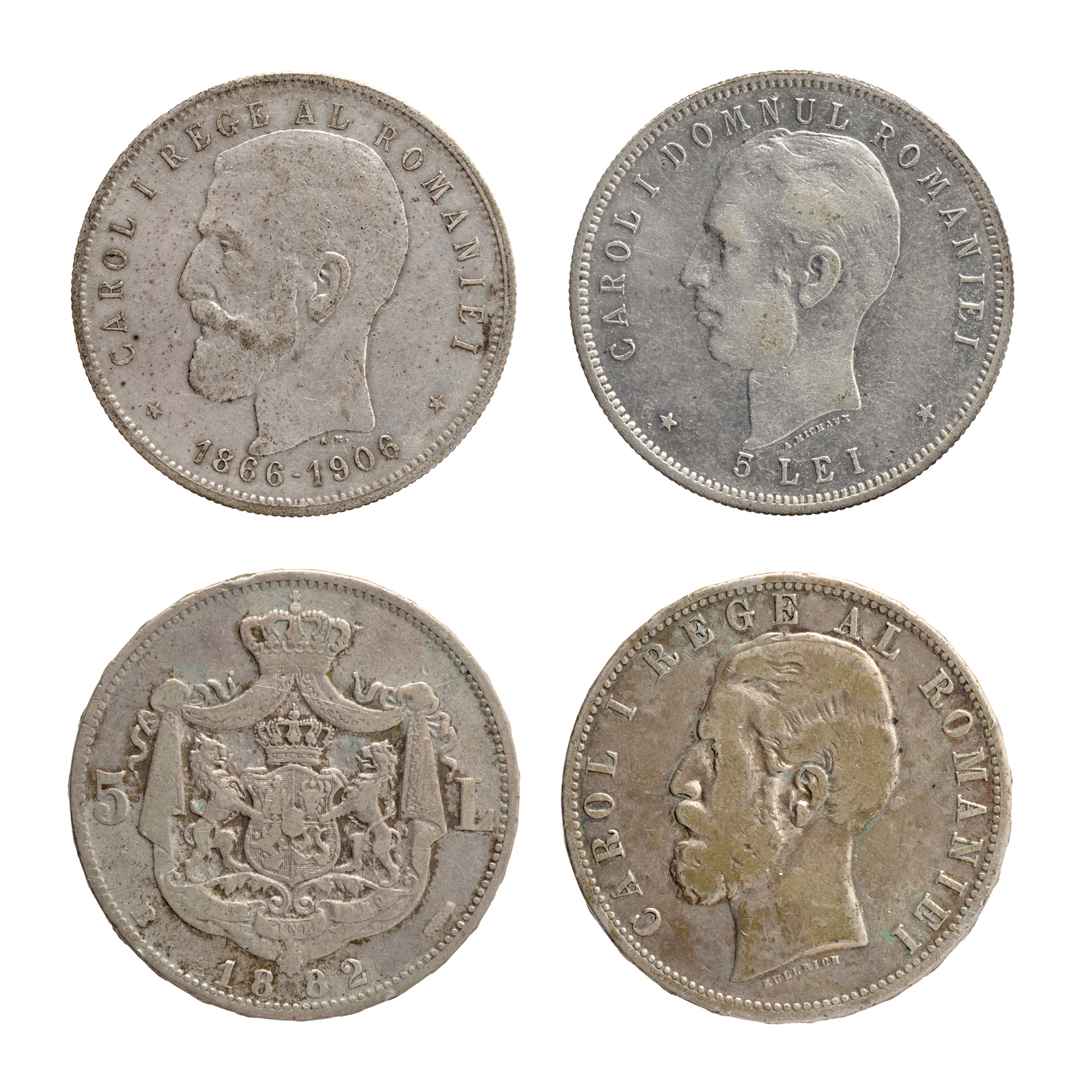 Lot consisting of two 5 Lei coins, 1882 and 1906, silver