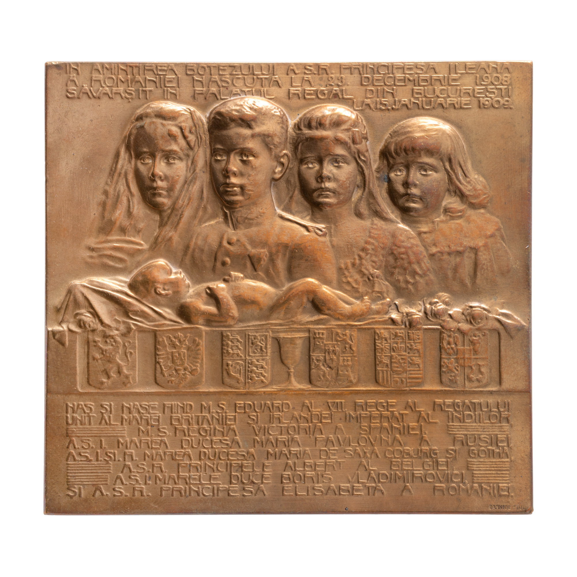 Plaque "In memory of Princess Ileana's baptism", engraver Mauriciu Carniol son, 1909