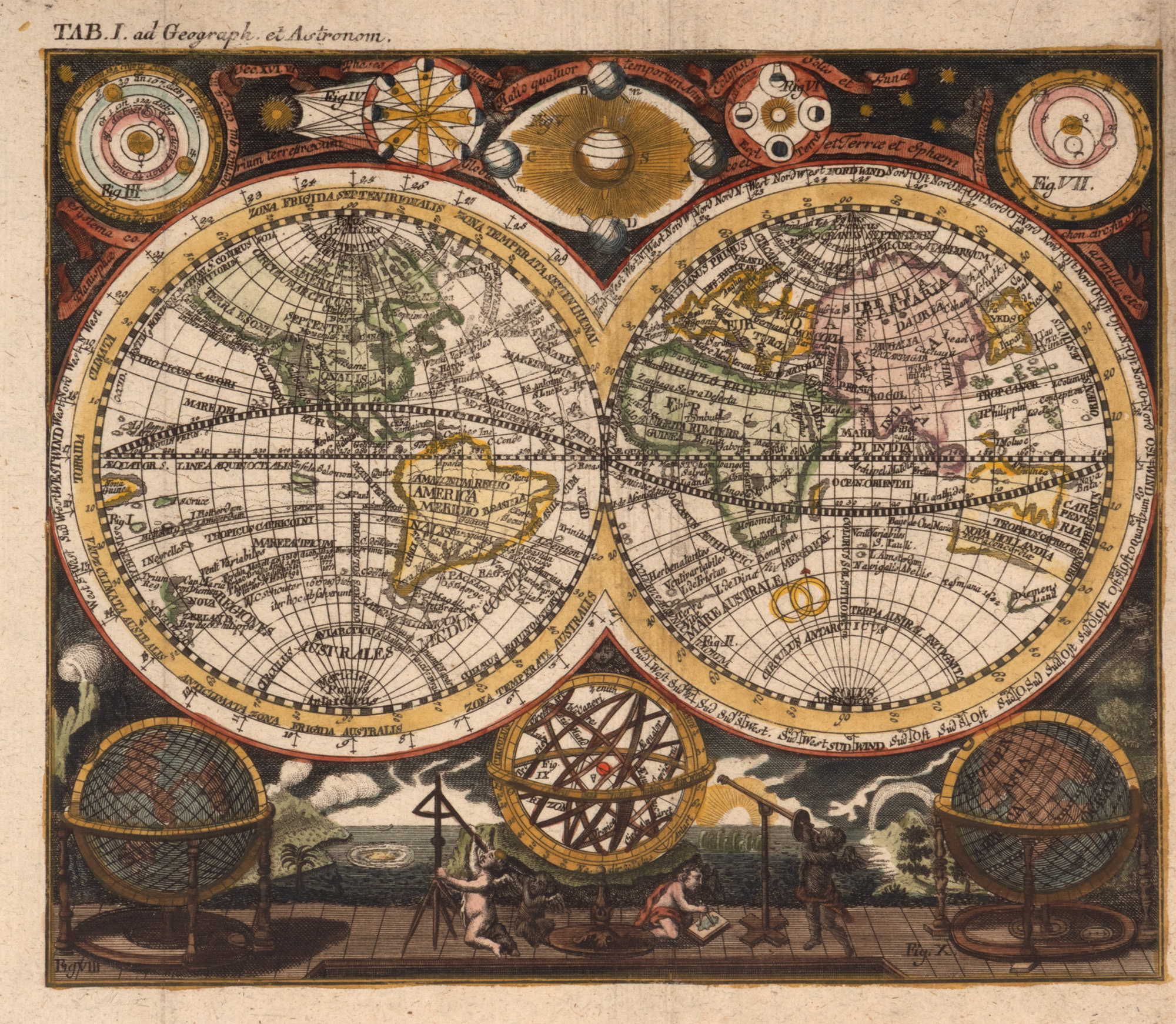Harta lumii (planiglob), ”Geographia et Astronomia”, de Johann Hübner, Augsburg, cca. 1760