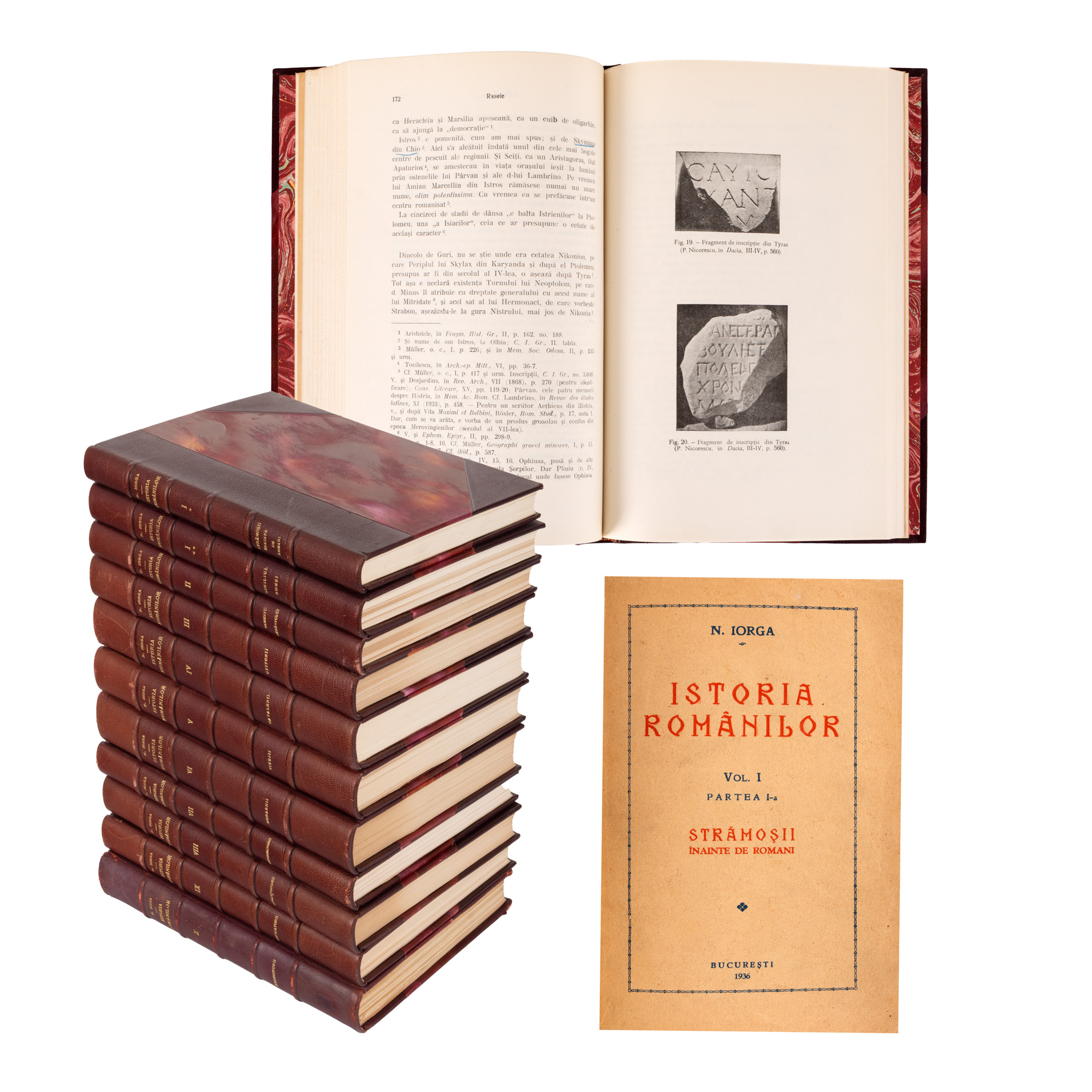 "Romanians' History" by Nicolae Iorga, Bucharest, 11 volumes, 1936-1939, originates from the collection of engineer Ion Ghica
