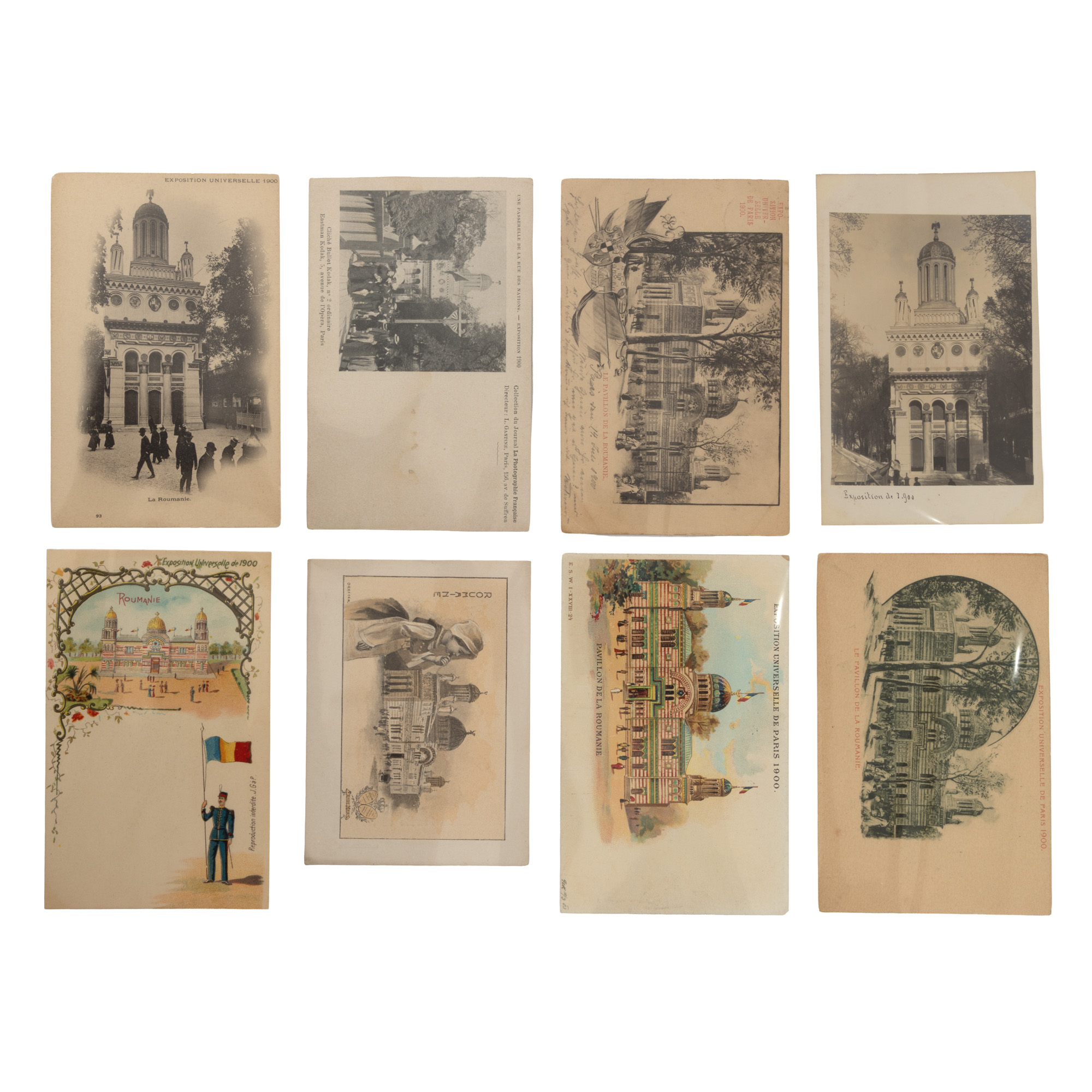 Lot format din șapte cărți poștale și o reclamă cartolină de epocă, ilustrând Pavilionul României la Expoziția Universală de la Paris din 1900, editori francezi