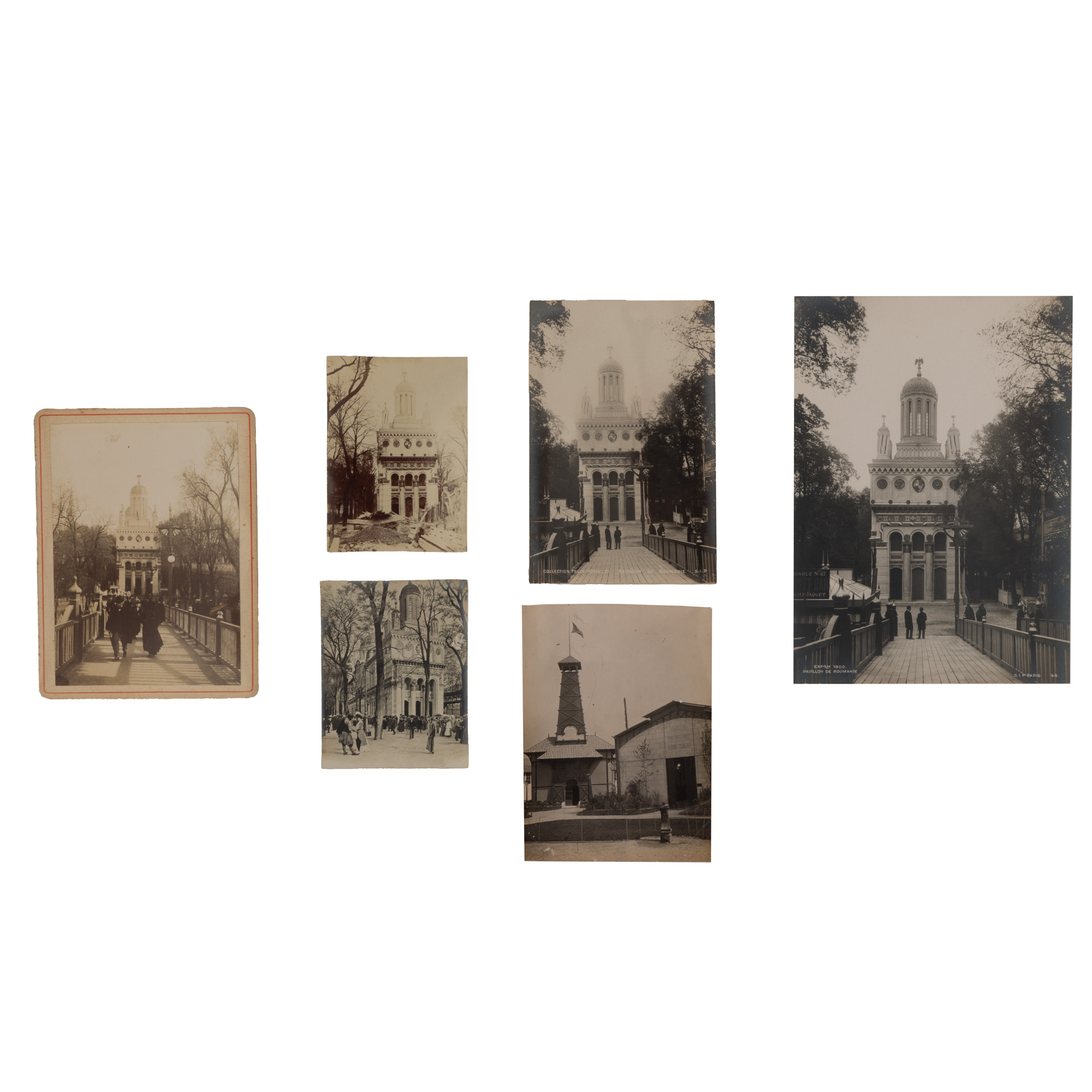 Lot format din șase fotografii originale, ilustrând Pavilionul României la Expoziția Universală de la Paris din 1900, fotografi francezi