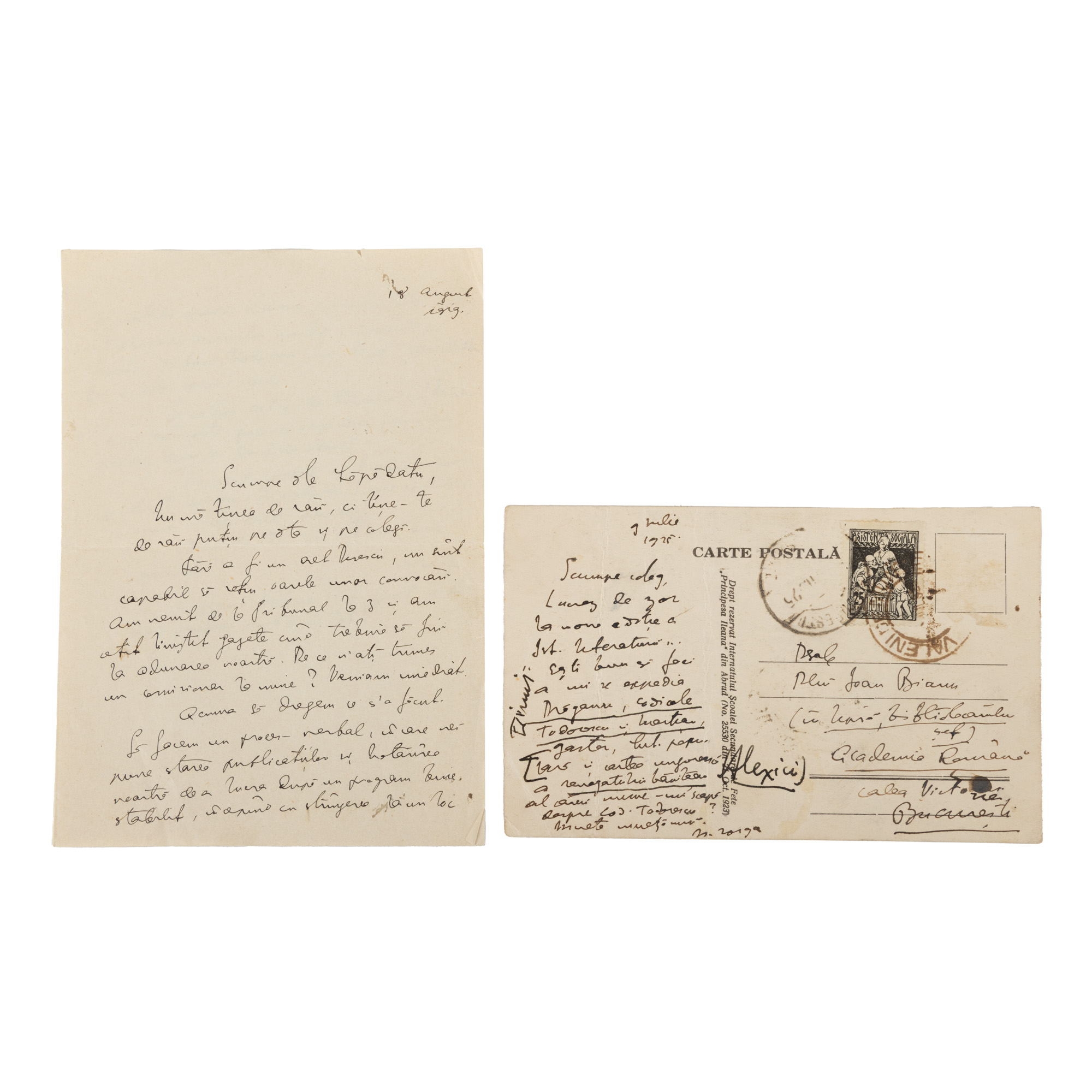 Lot consisting of two correspondences drafted by Nicolae Iorga, one to historian Alexandru Lapedatu, the second to Ioan Bianu, 1925-1929