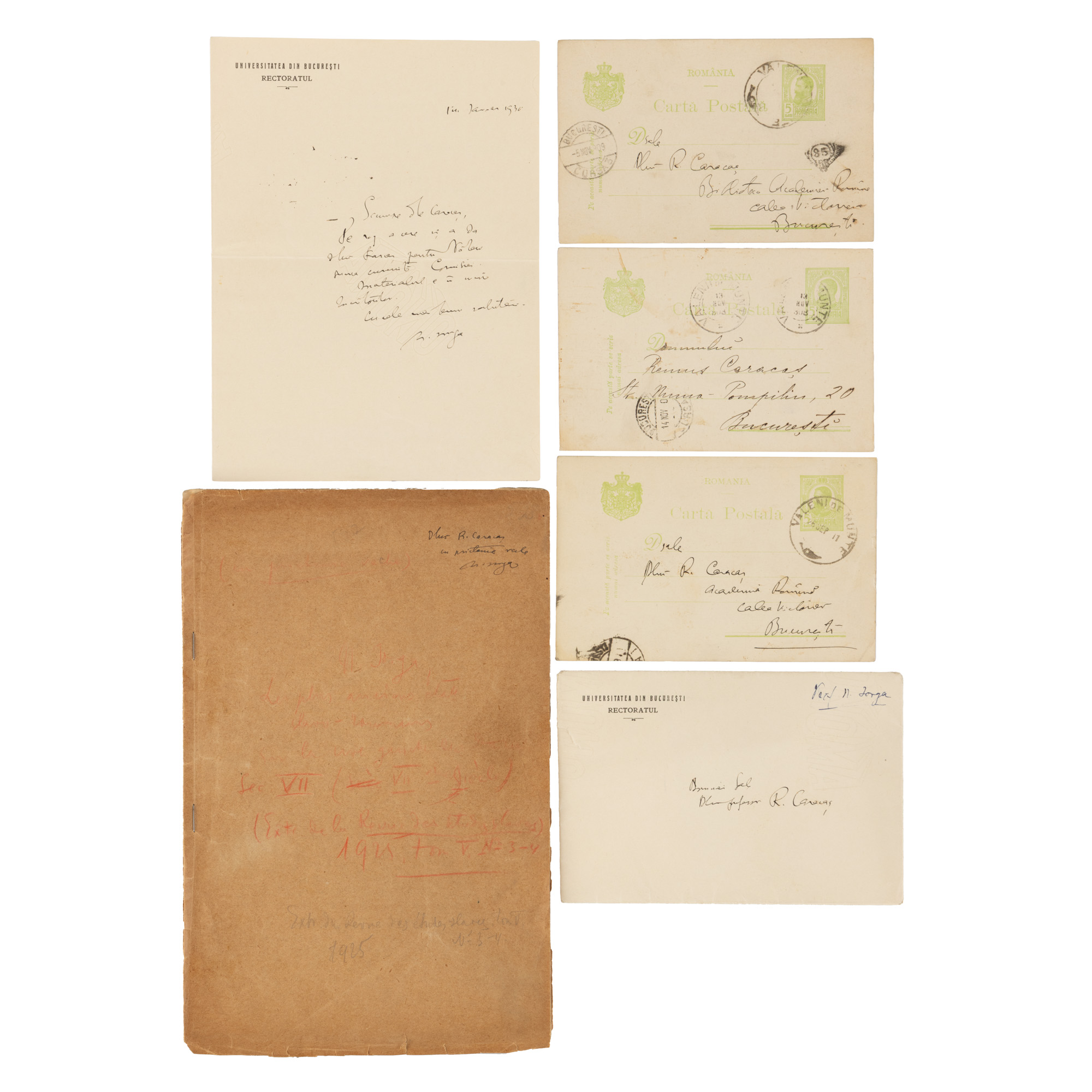 Inedită corespondență Nicolae Iorga-Remus Caracaș (patru piese), plus un extras al unui studiu publicat de Iorga, cu dedicație olografă, 1908-1931