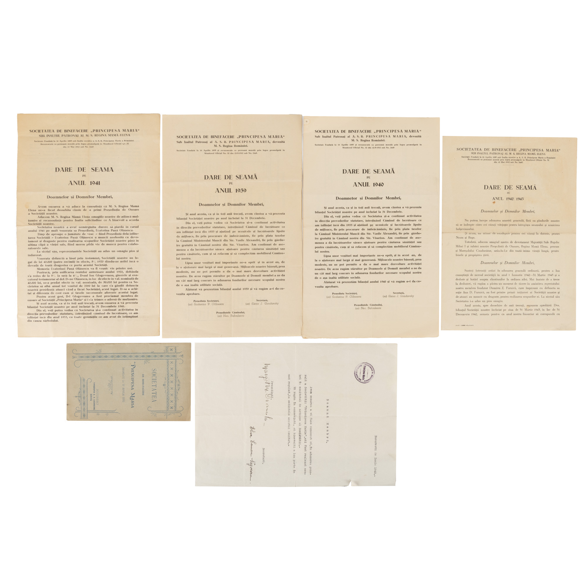 Lot de documente Societatea de Binefacere ”Principesa Maria”, 1904-1943