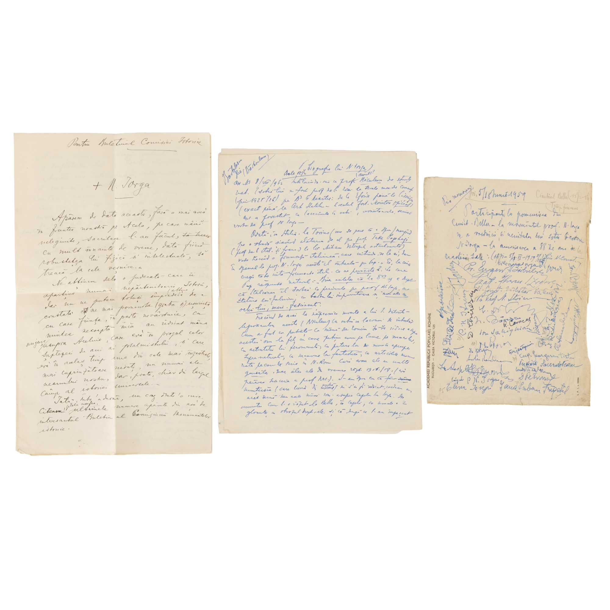 Lot format din trei manuscrise despre Nicolae Iorga, redactate de Remus Caracaș din a cărui arhivă provin, 1940-1962