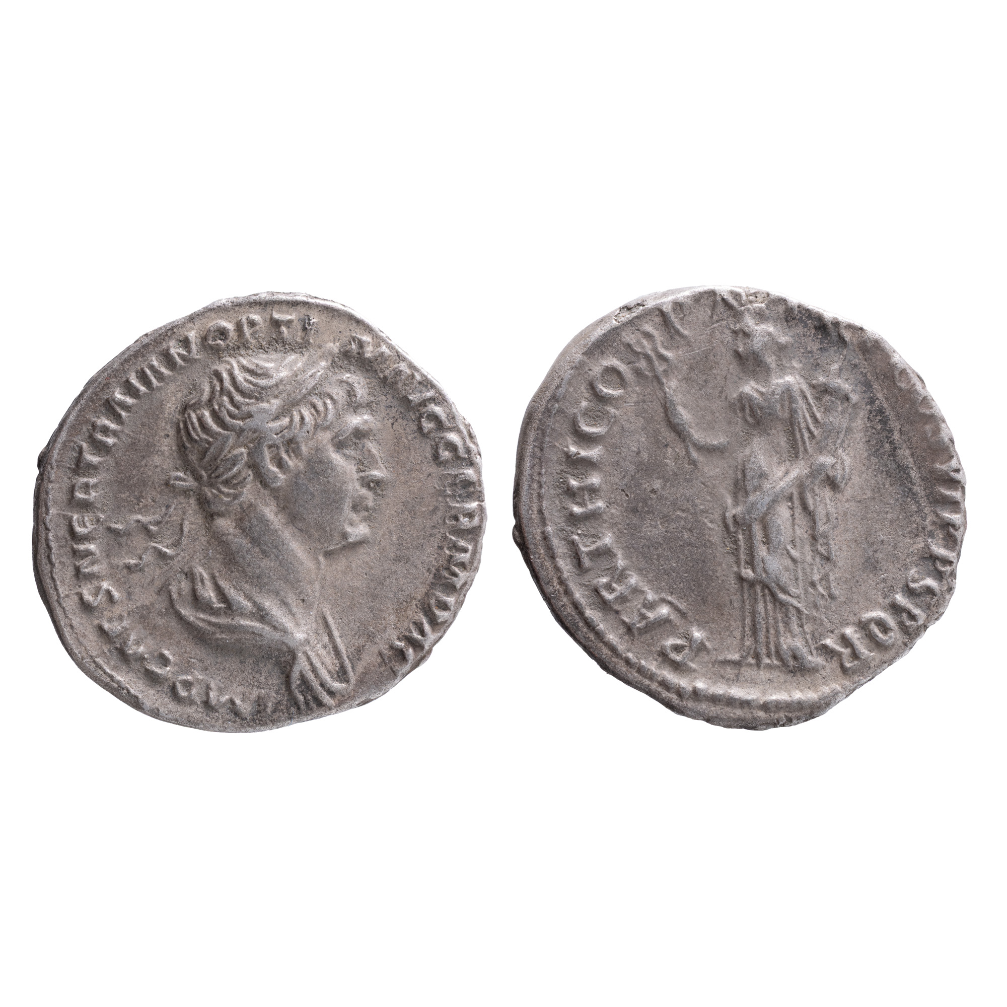 Monedă Denarius, Traian, Imperiul Roman, 114–117 e.n., argint