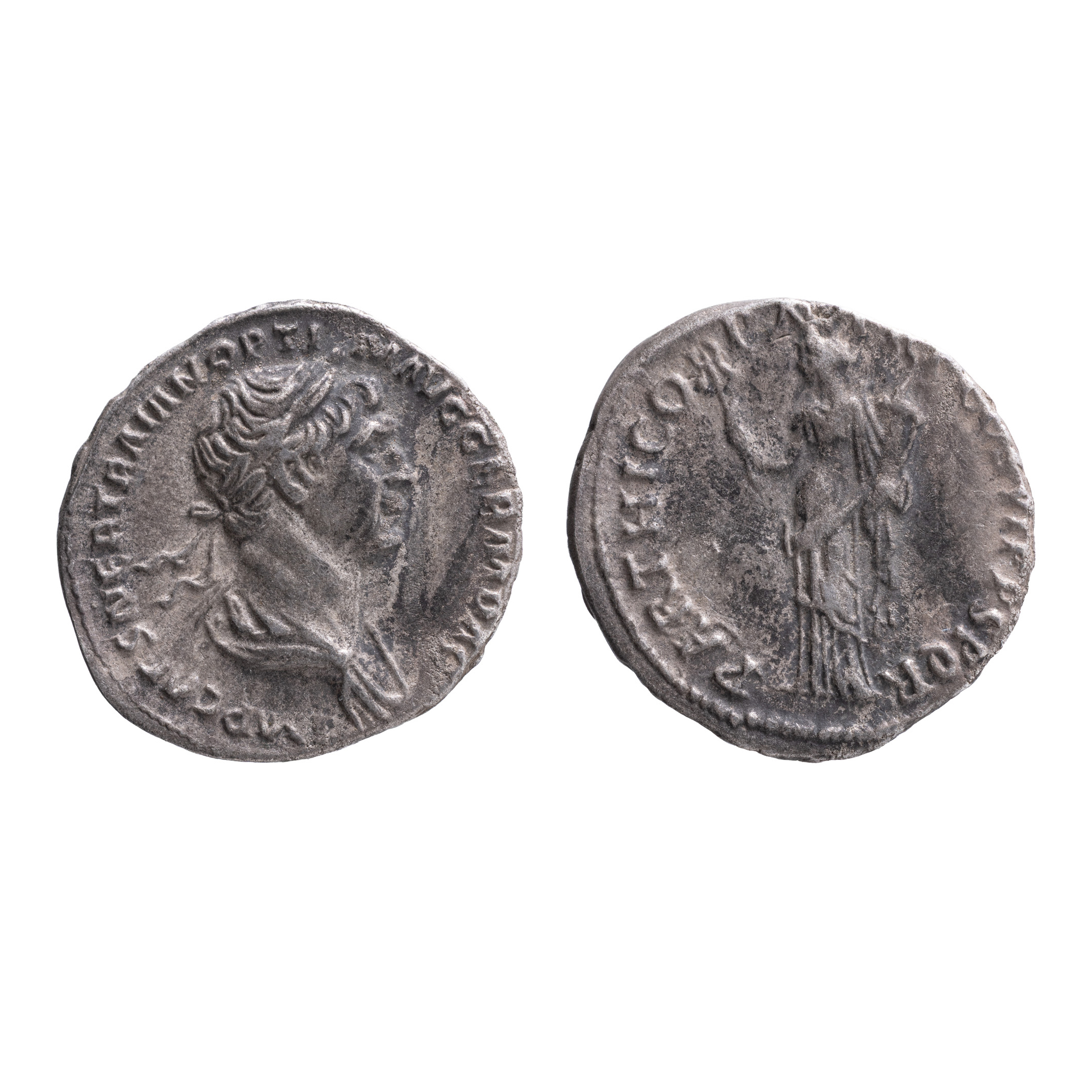 Monedă Denarius, Traian, Imperiul Roman, 114–117 e.n., argint