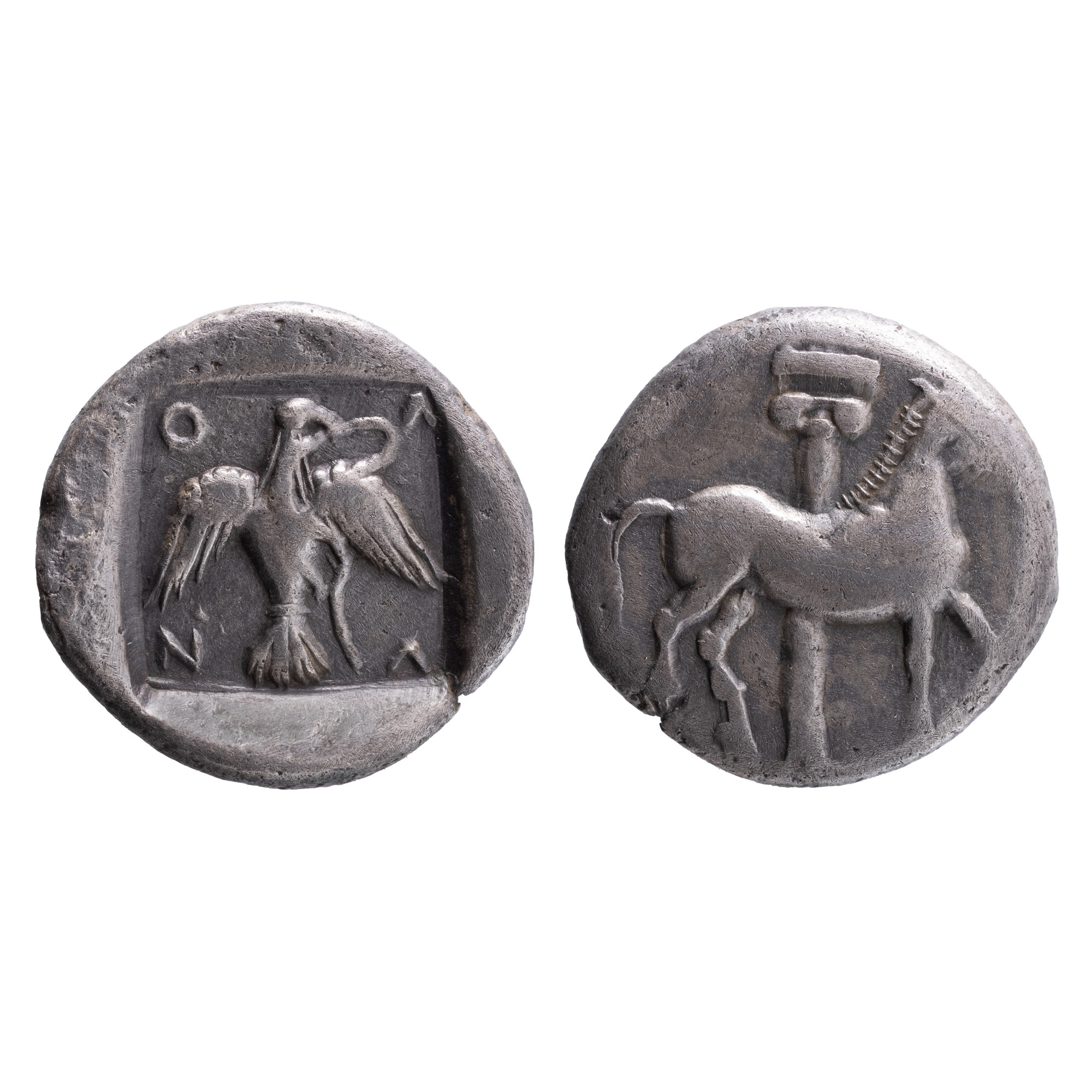 Monedă Tetrobol, bătută la Olynthos, cca. 500-450 î.e.n., argint
