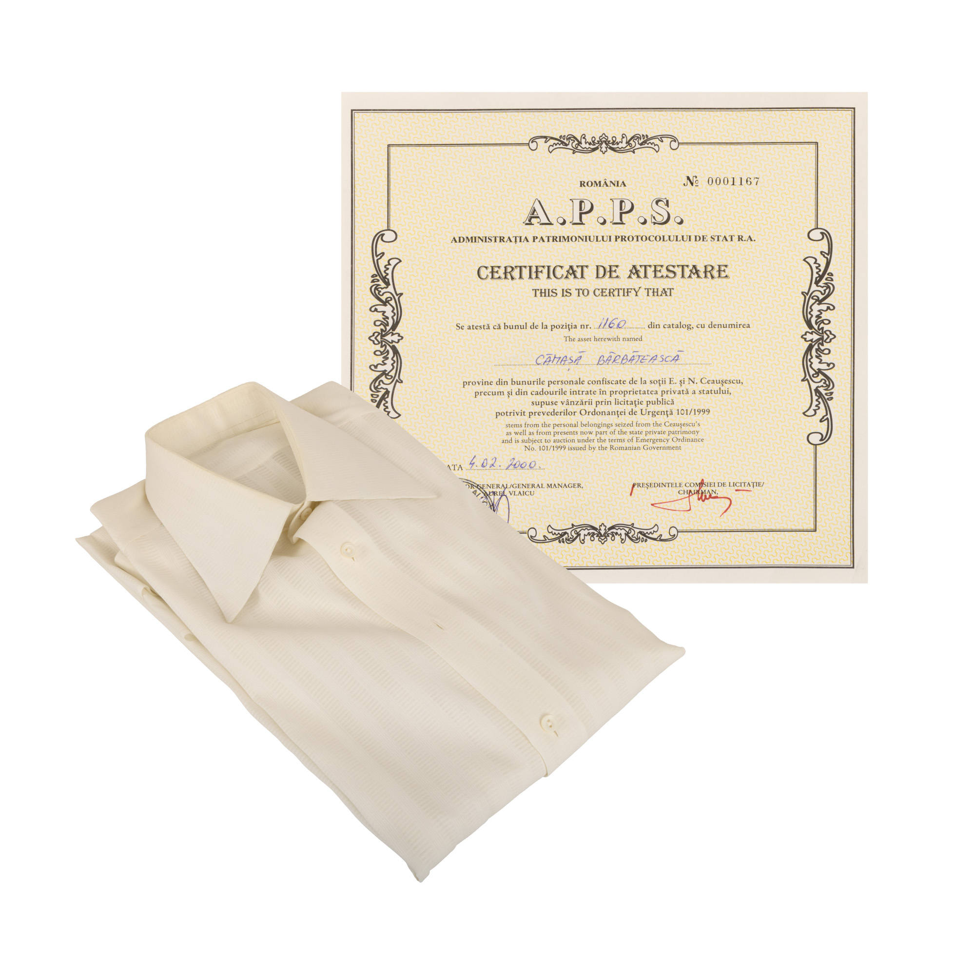 Cămașă bărbătească, a aparținut lui Nicolae Ceaușescu, însoțită de certificat R.A.A.P.P.S.