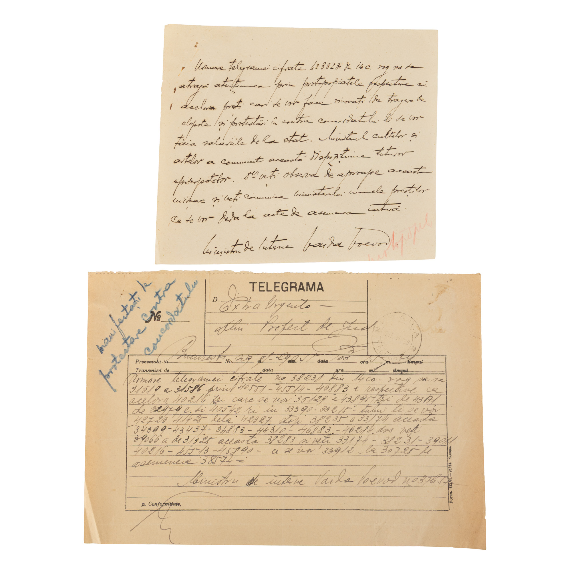 Lot format din o telegramă scrisă olograf de Al. Vaida Voevod, Ministru de Interne, și o telegramă cifrată a acestuia, referitoare la problema Concordatului, 1929
