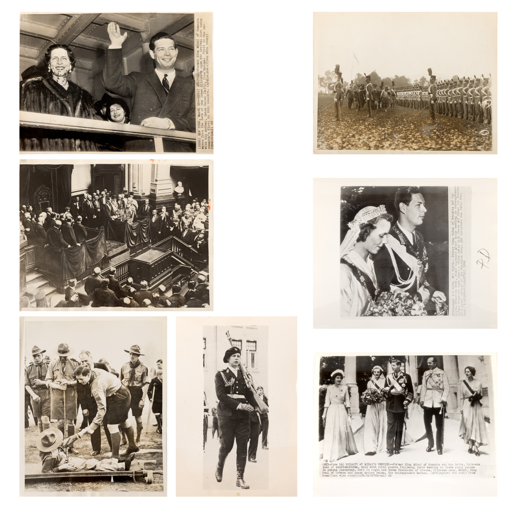 Lot format din șapte fotografii de presă ilustrându-l pe Regele Mihai în diferite ipostaze, studiouri fotografice americane, 1926-1948