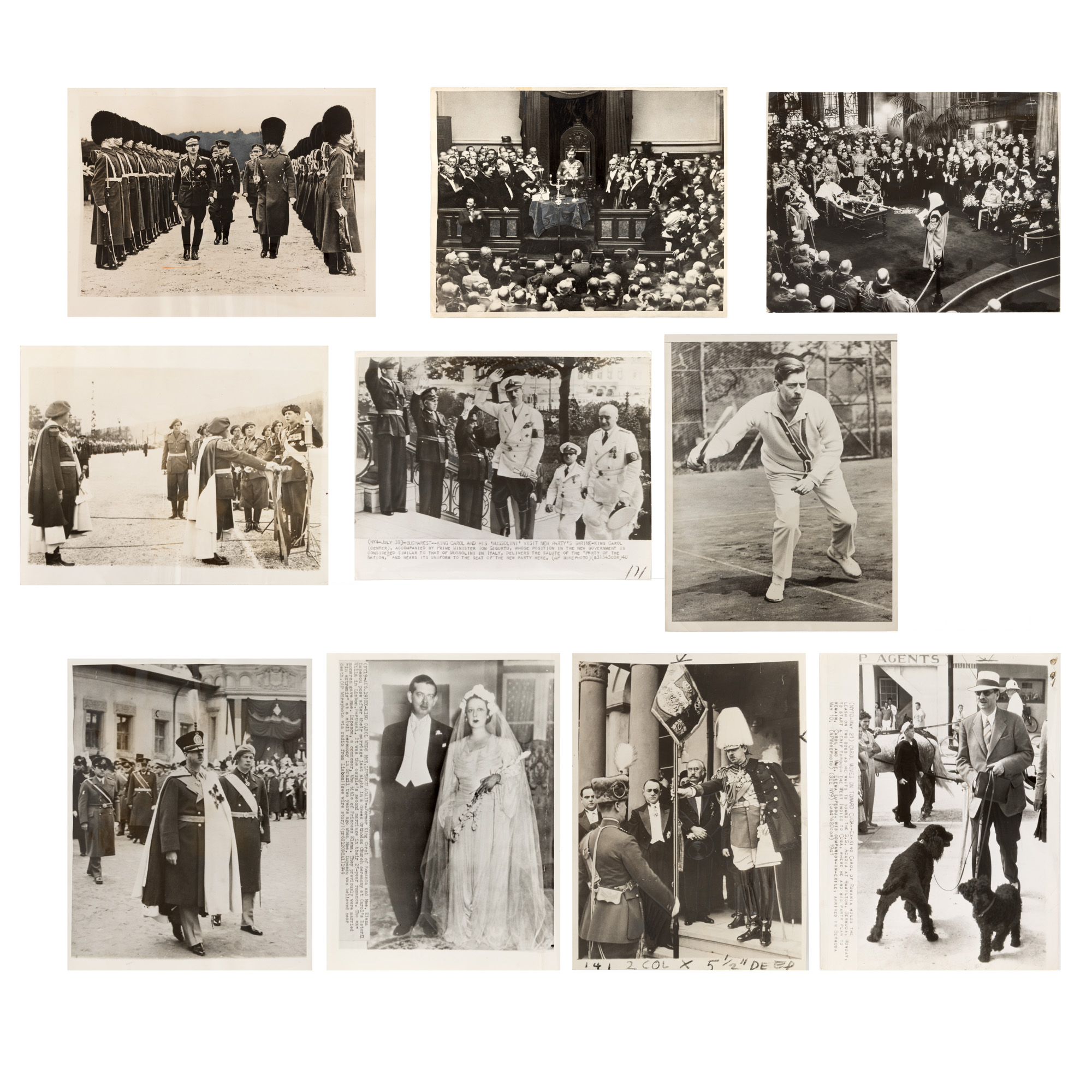 Lot format din zece fotografii de presă ilustrându-l pe Regele Carol II al României în diferite ipostaze, studiouri fotografice americane, 1928-1940