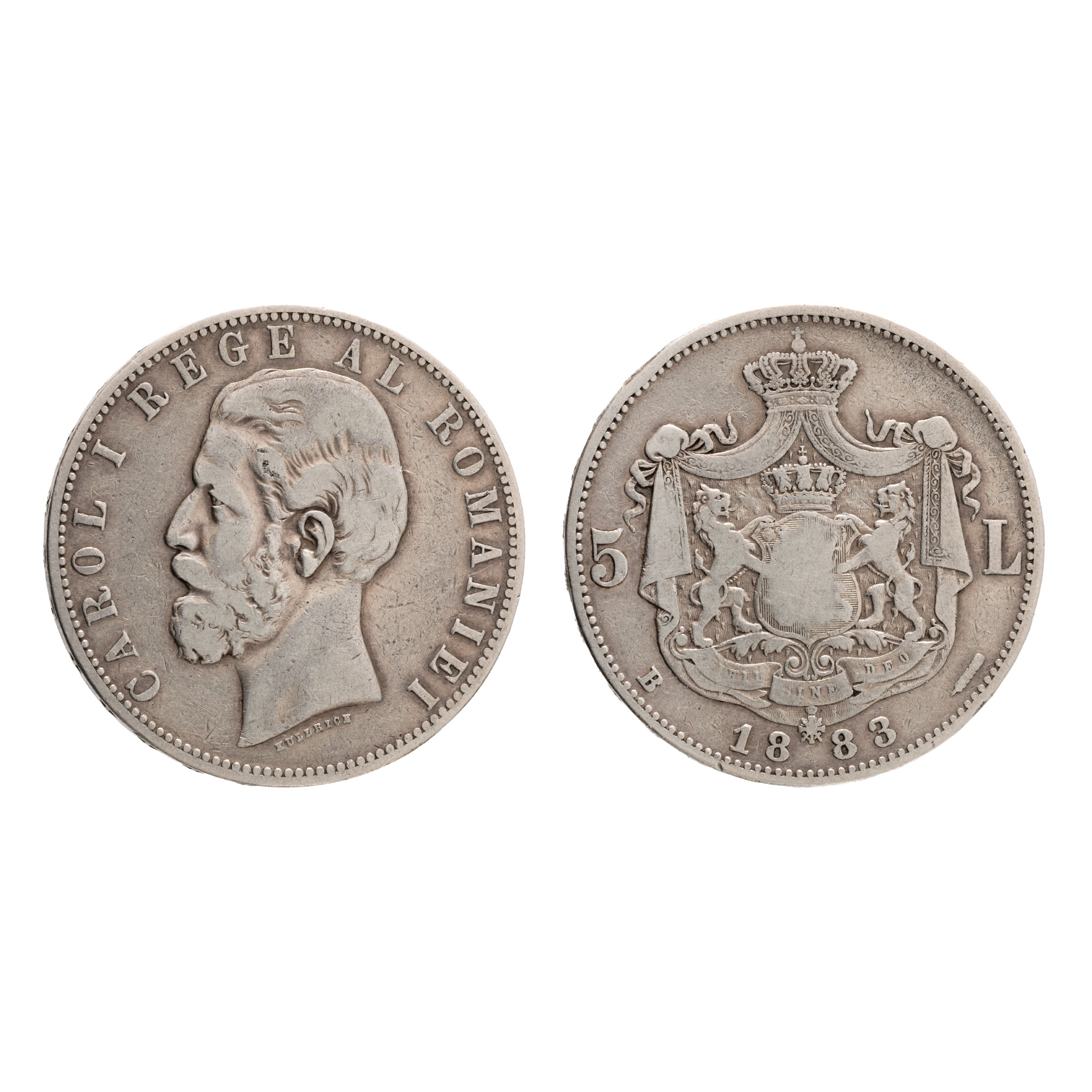 Monedă 5 Lei, Carol I, 1883, tipul cu romb la coroană, argint