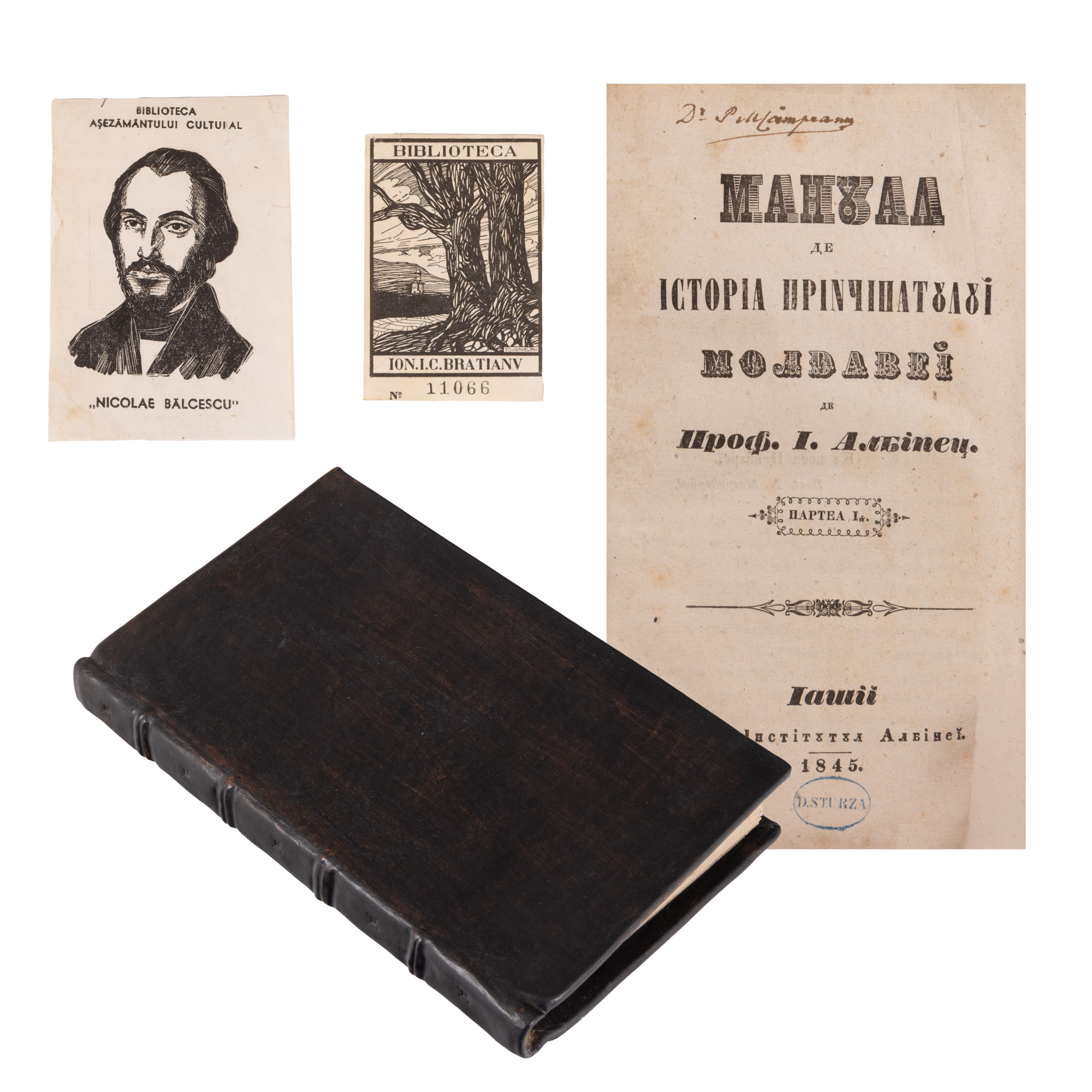 Lot consisting of "History Manual of the Principality of Moldavia" by Ioan Albineț, first part, Iași, 1845, with ex libris, originates from the library of the first minister Dimitrie A. Sturdza, along with 2 library ex libris.
