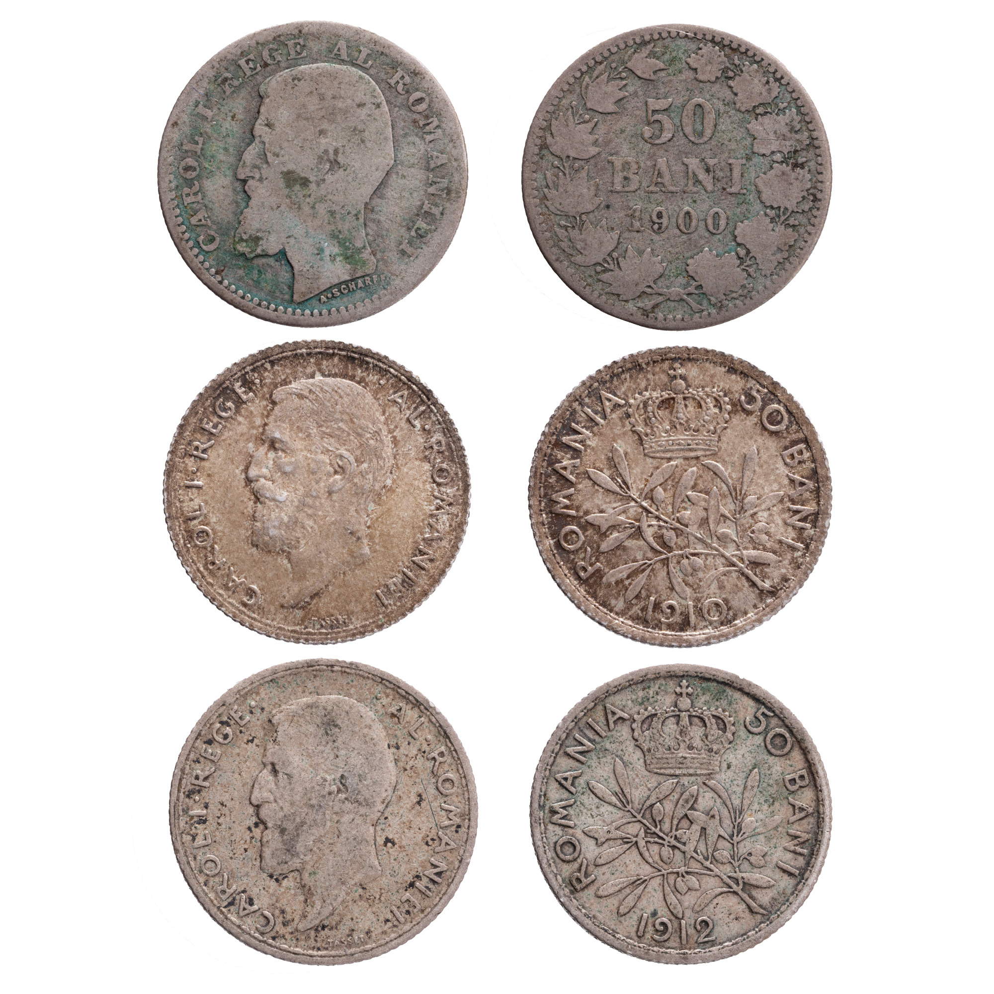 Lot format din trei monede 50 Bani, 1900-1912, argint