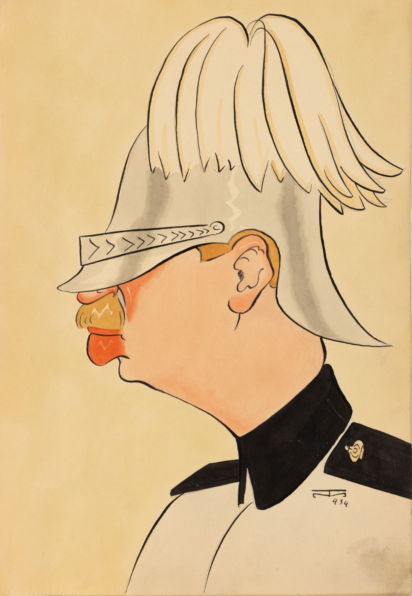 Caricatura Regelui Carol II în uniforma de ofițer din garda regală, de Mihai Tacorian, 1934