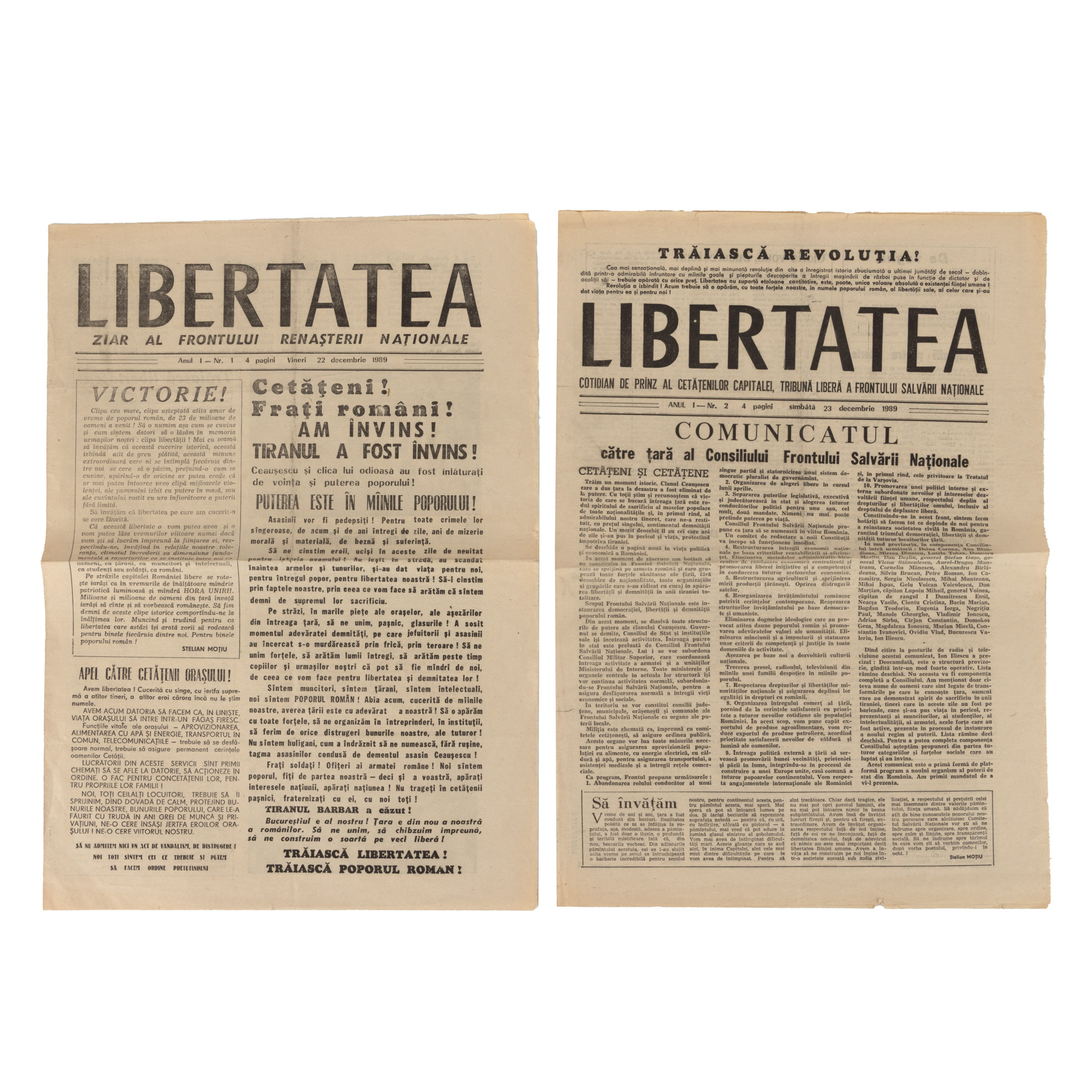 Lot format din două ziare ”Libertatea”, numărul 1 și numărul 2, București, 22 și 23 decembrie 1989, primele numere editate sub egida Frontului Renașterii Naționale