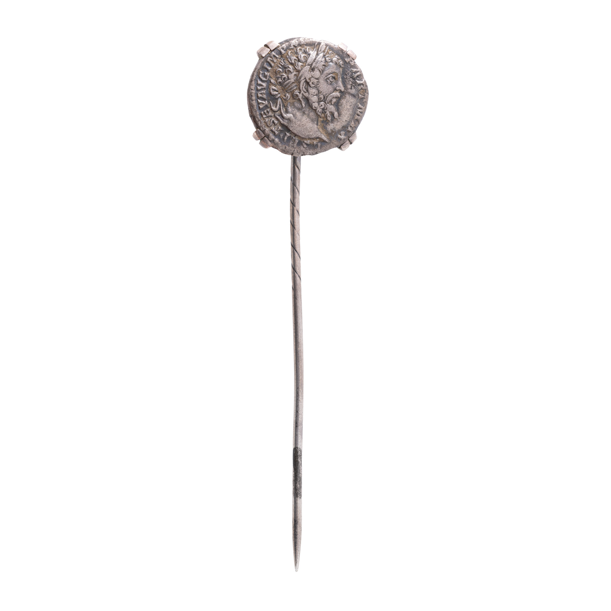 Silver pin decorated with a Denarius coin, Septimius Severus, 193-211 AD.
