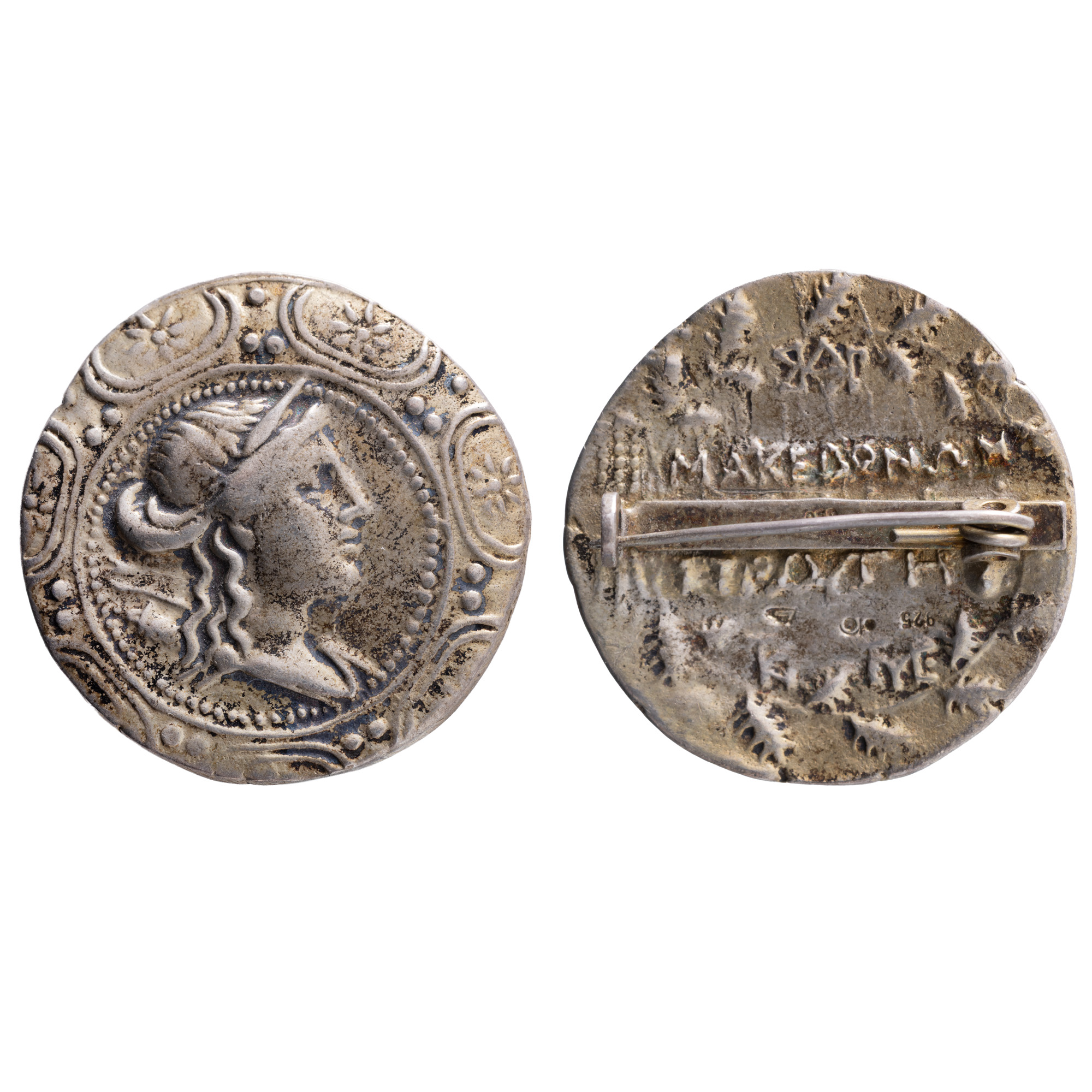 Silver brooch, decorated with Tetradrachm coin Macedonia