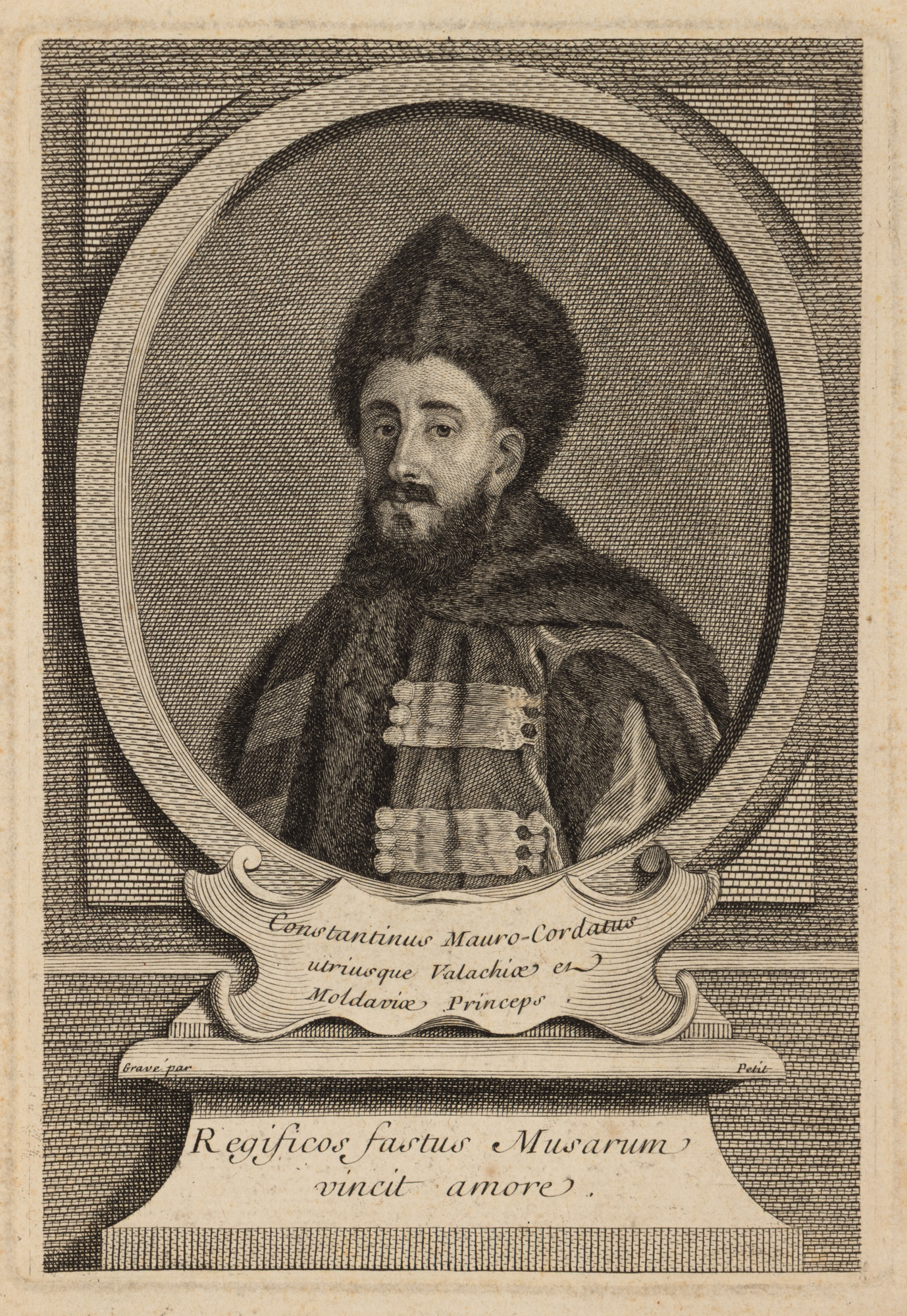 Gravură ilustrându-l pe domnitorul fanariot Constantin Mavrocordat, gravor Gilles Edme Petit (1694-1760), semnată în placă, Paris, cca. 1720