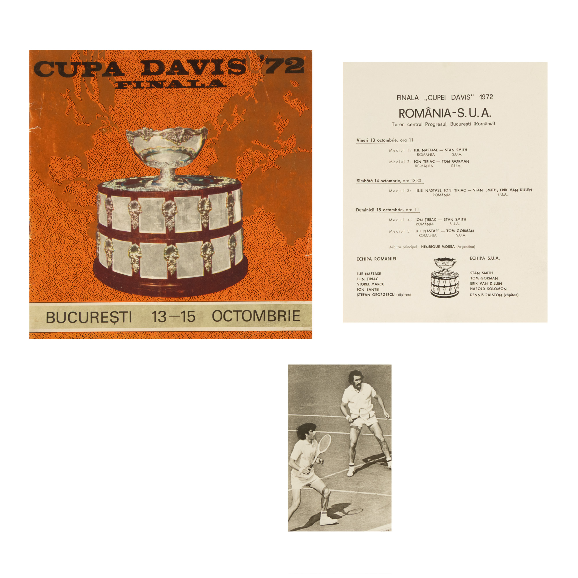 Lot consisting of a photograph depicting Ion Țiriac and Ilie Năstase, the finals program and the "Davis Cup `72" brochure, Bucharest, October 13-15, 1972