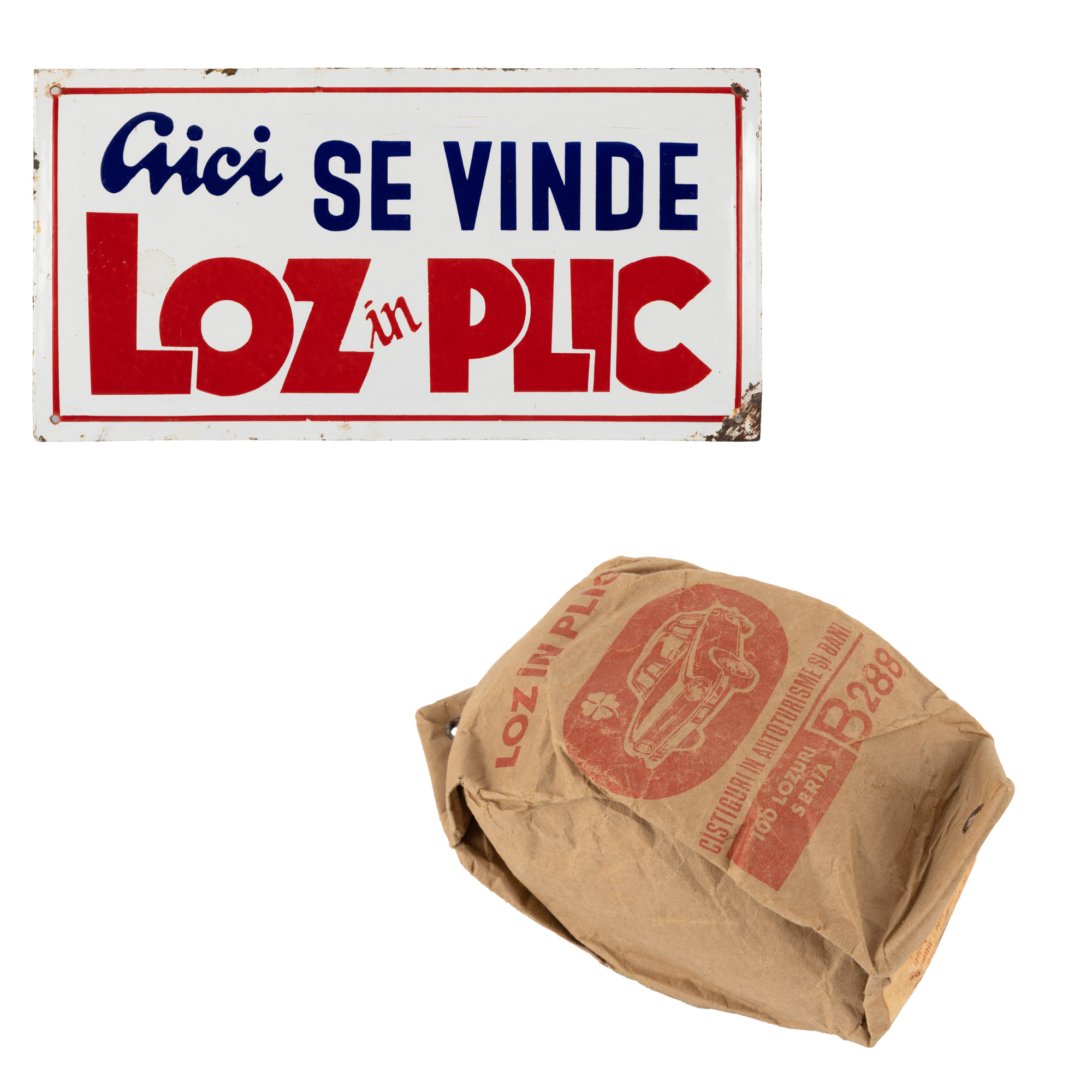 Lot format din pungă sigilată, deosebit de rară, cu 100 lozuri, seria B 288, și tablă publicitară emailată ”Aici se vinde loz în plic”, cca. 1980
