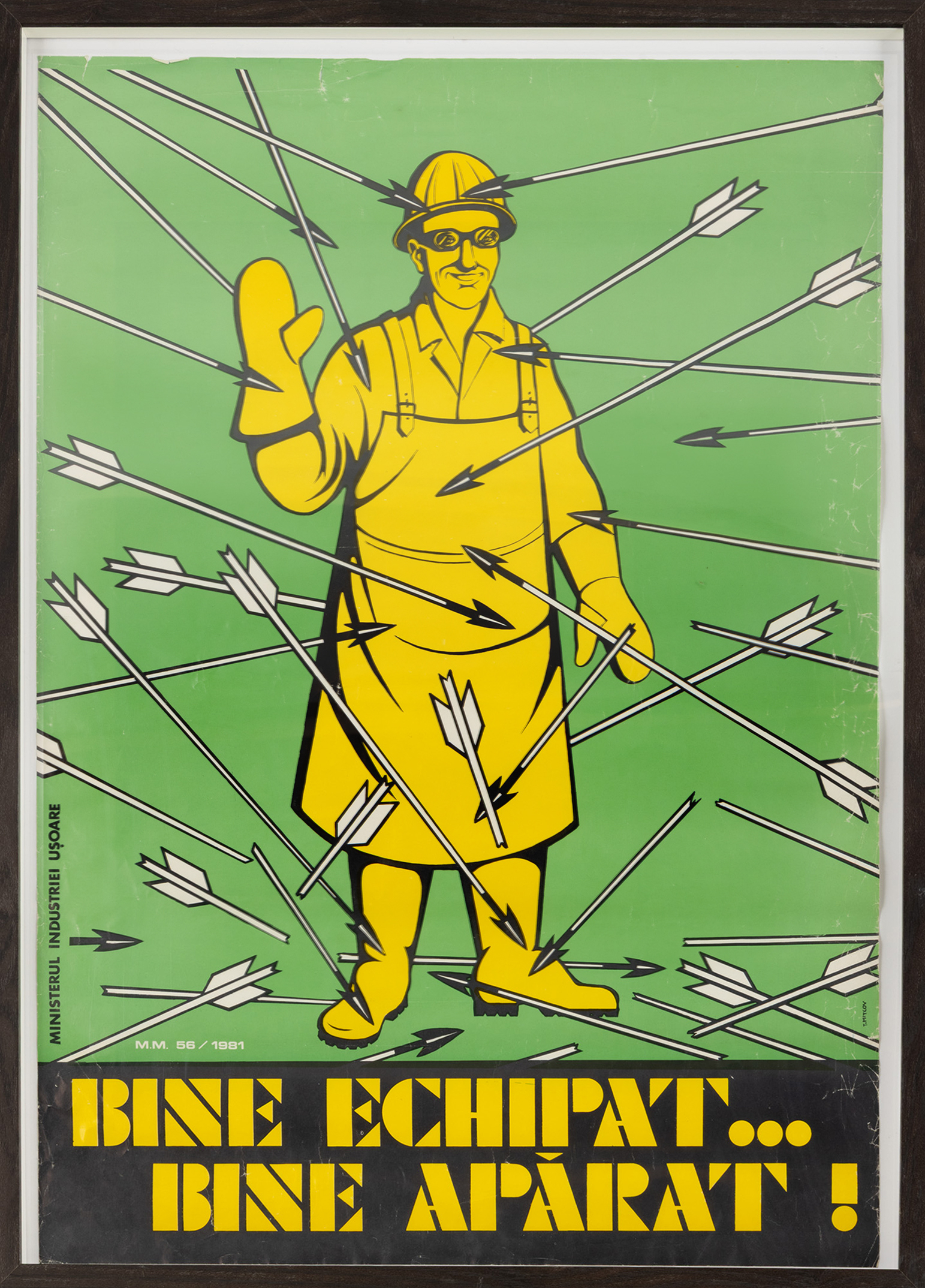 Afiș de protecția muncii ”Bine echipat...bine apărat!”, editat de Ministerul Industriei Ușoare, semnat în tipar T. Mitcov, 1981