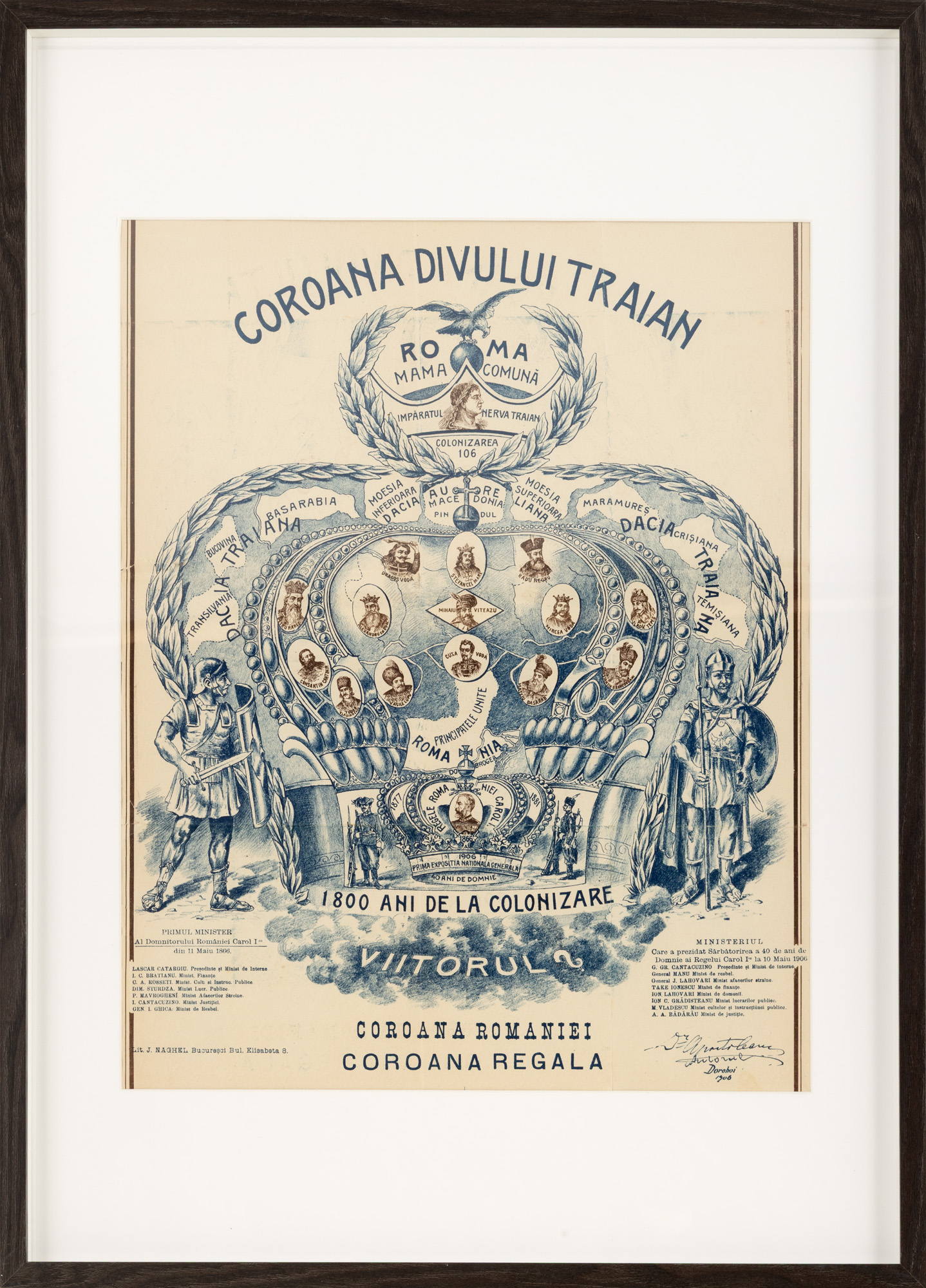 Afiș de propagandă ”Coroana Divului Traian - 1800 ani de la colonizare”, Expoziția jubiliară din 1906, cu figurile Împăratului Traian și Regelui Carol I