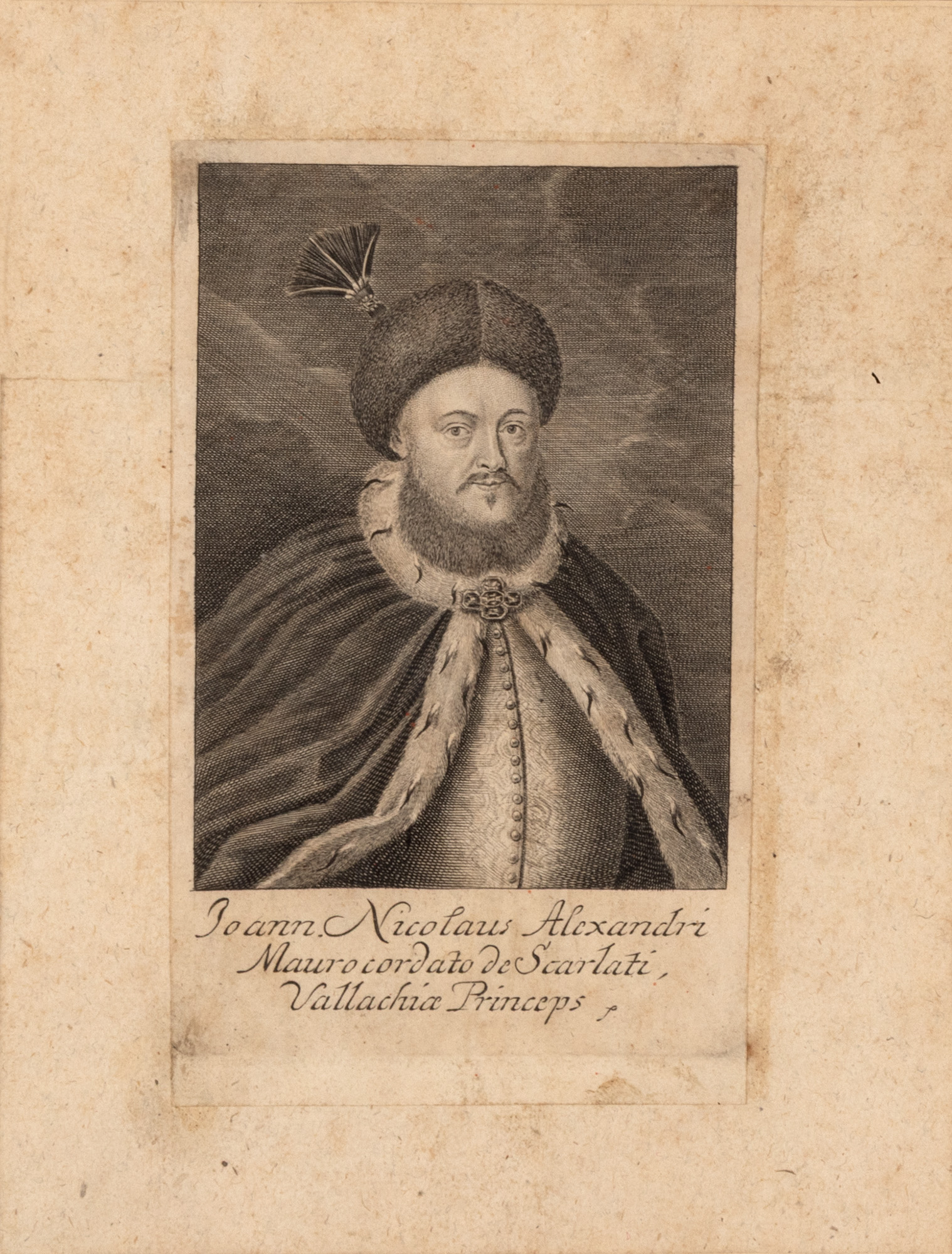 Gravură ilustrându-l pe domnitorul fanariot Nicolae Mavrocordat, gravor Johann Georg Wolffgang, München, 1721