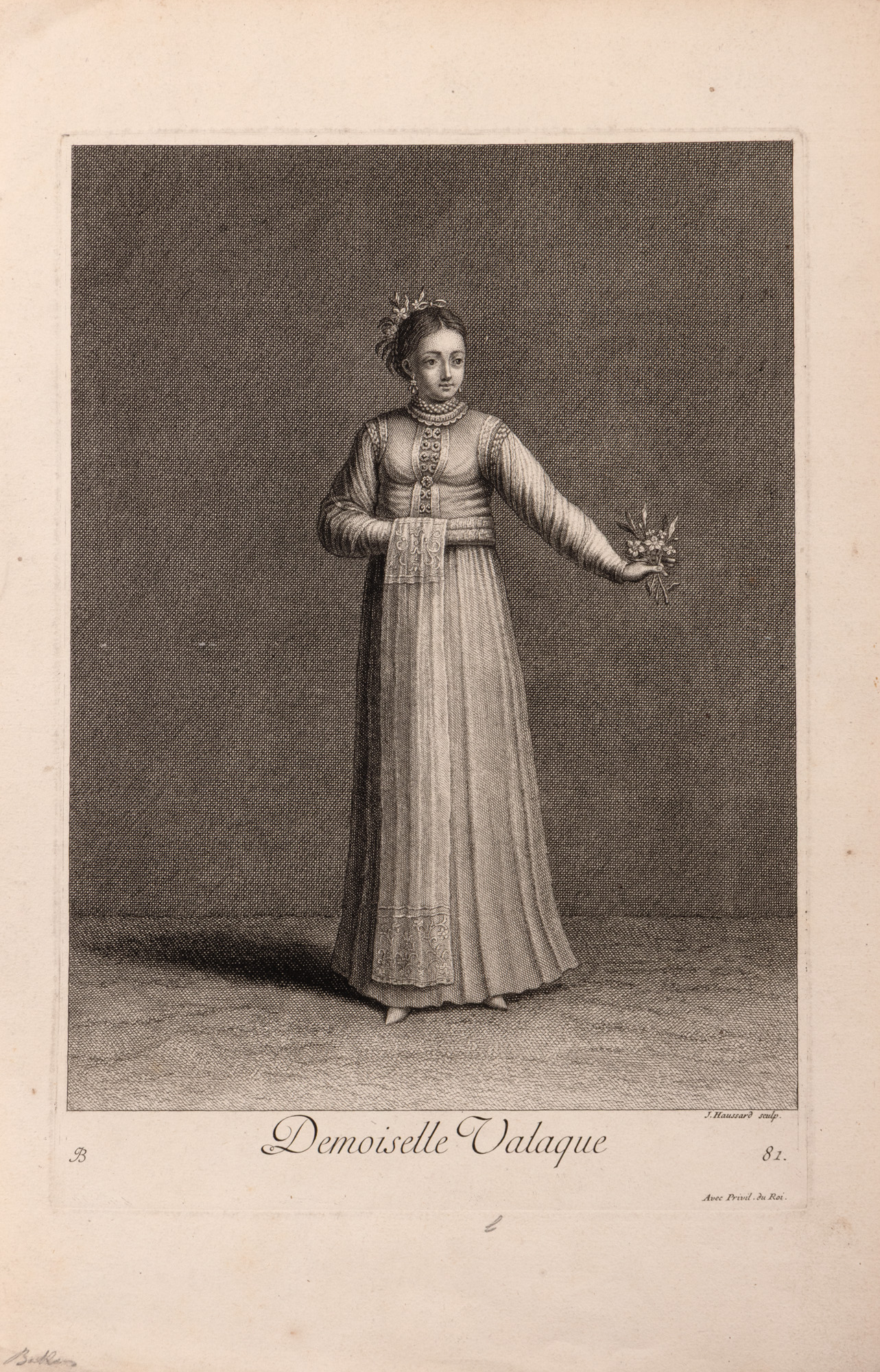 Gravură ilustrând o tânără valahă, gravor Jean-Baptiste Haussard (1679-1749), semnată în placă, 1714, provine din colecția Gheorghe Răut