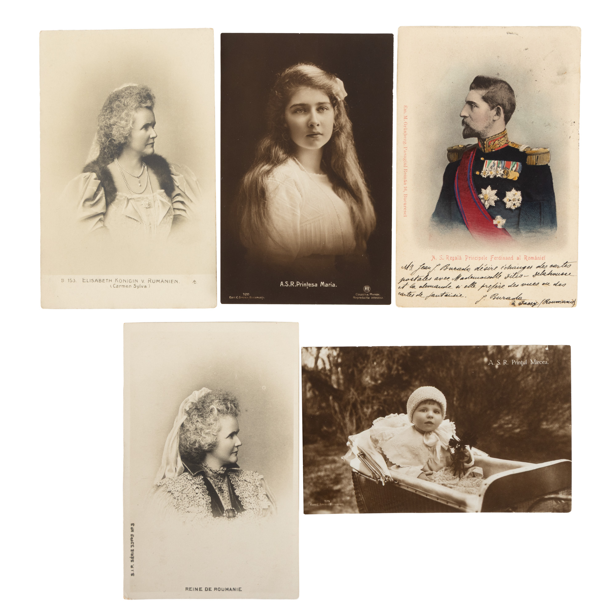 Lot consisting of five photographic postcards illustrating the Royal Family of Romania (Queen Elisabeta, King Ferdinand, Princess Maria, and Prince Mircea), Romanian and foreign publishers, approx. 1885-1922.