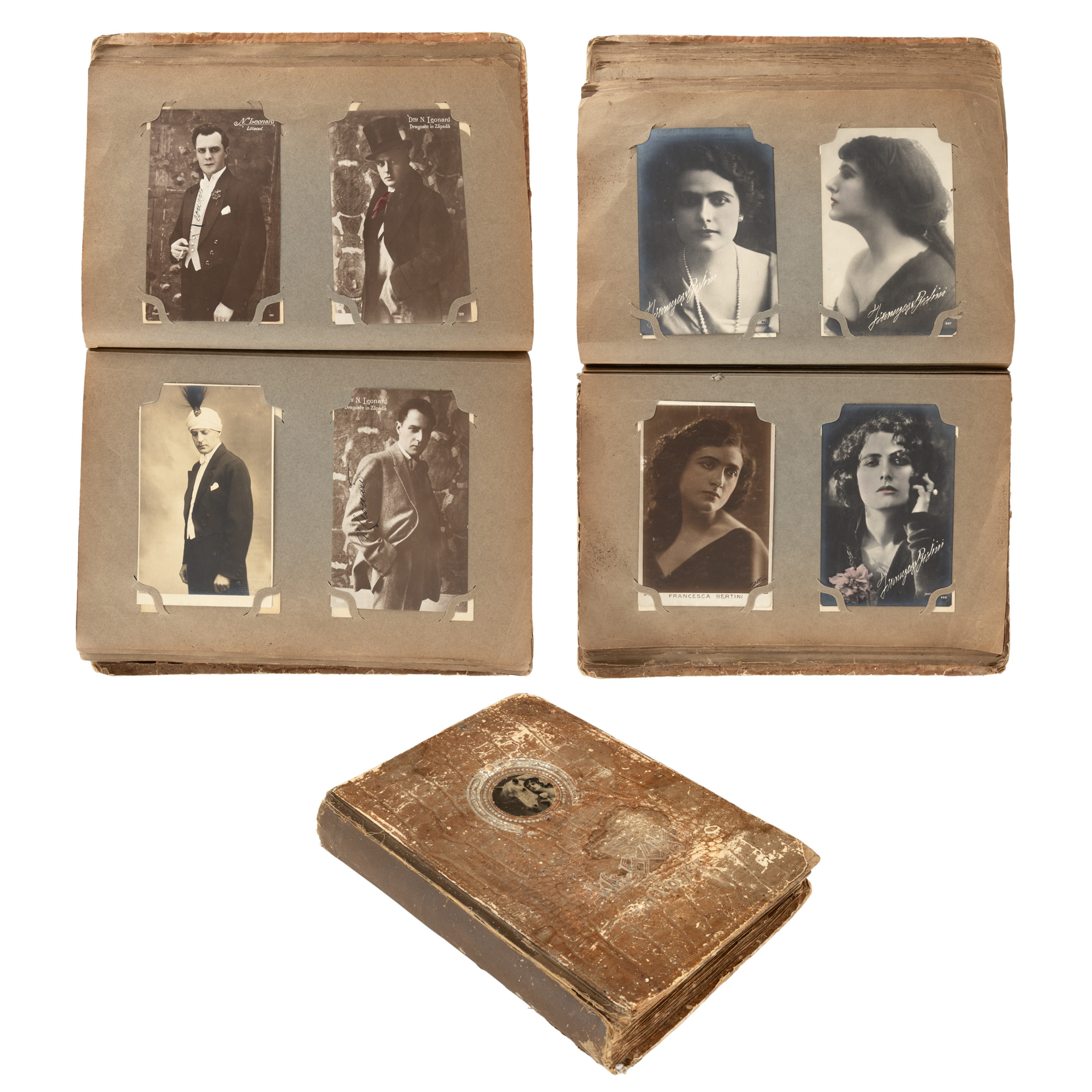 Album cu cărți poștale fotografice, dintre care 83 ilustrându-l pe tenorul Nicolae Leonard (1886-1928), 21 dintre acestea cu semnătura olografă, 76 ilustrând actori români și 46 actori străini, începutul sec. XX