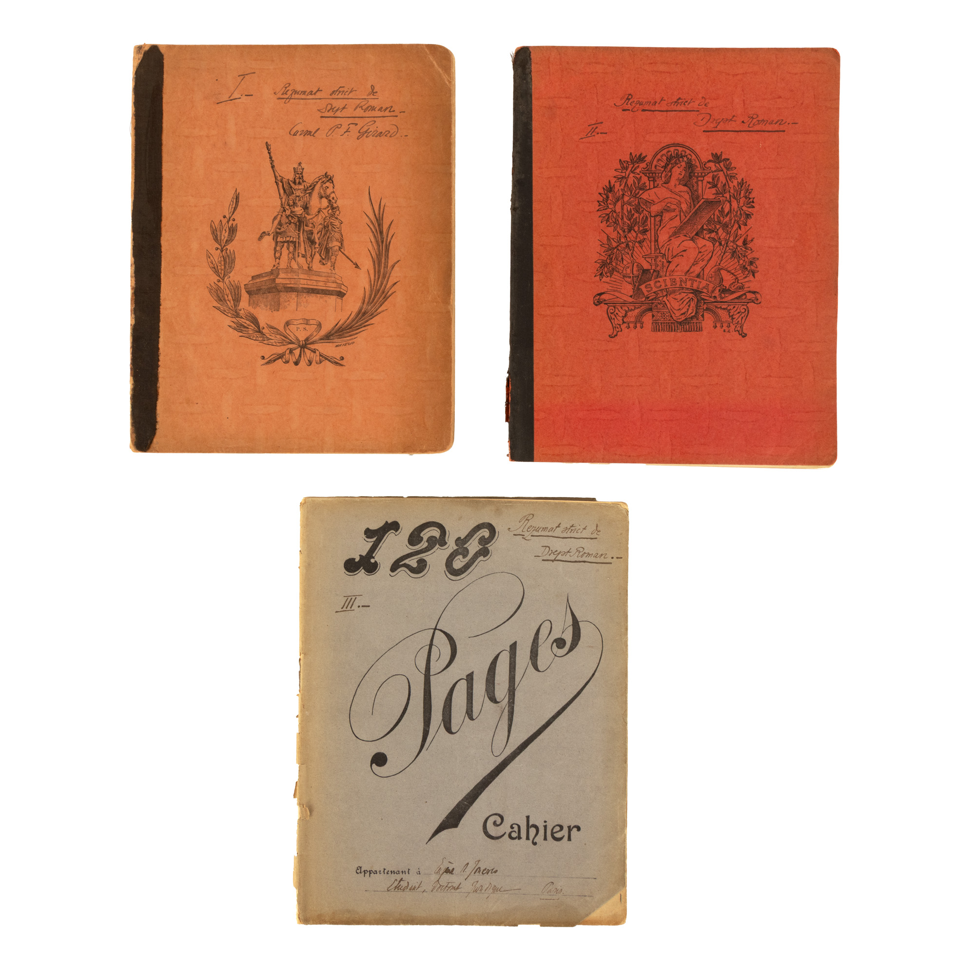 Lot format din trei caiete de curs universitar Drept Roman, i-au aparținut studentului Eugen N. Ionescu, Paris, cca. 1910