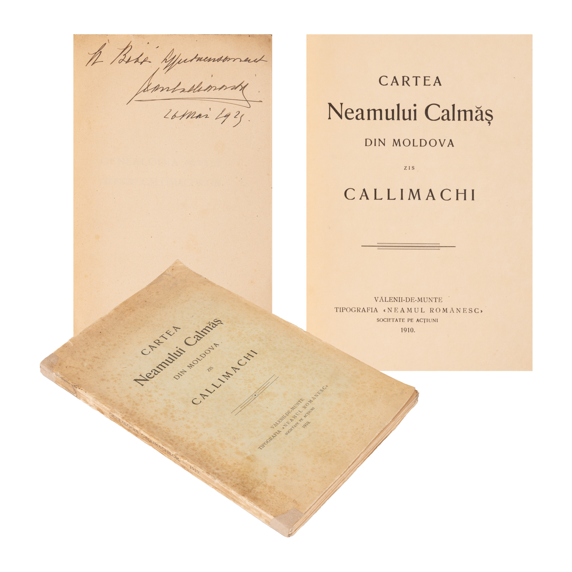 "Cartea neamului Calmăș din Moldova zis Callimachi", Văleni de Munte, 1910, exemplar 24/50, cu un ex libris olograf Dan Callimachi