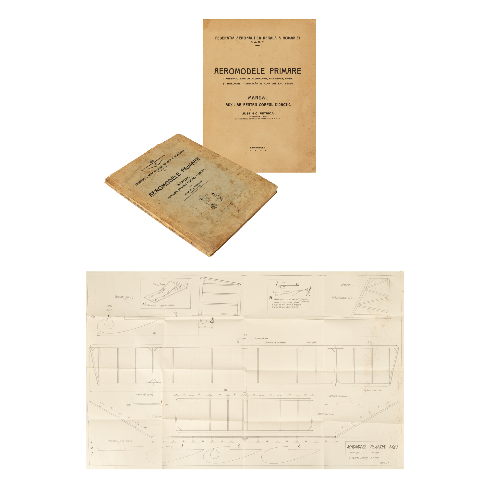 "Federația Aeronautică Regală a României. Aeromodele primare. Manual", de Justin C. Petrică, București, 1939, cu numeroase planșe și ex libris