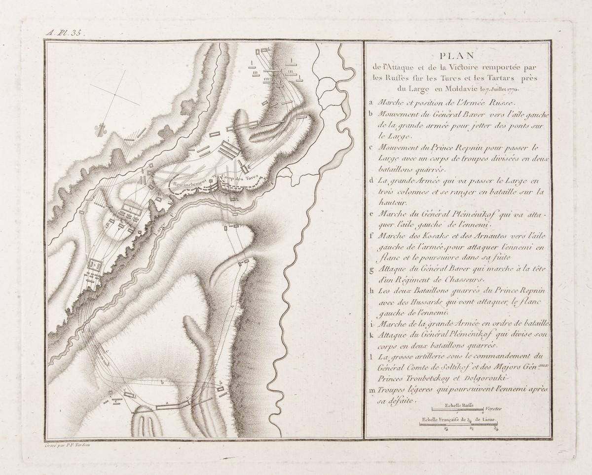 Map "Plan of the attack and victory obtained by the Russian army against the Turks and Tatars near Larga, in Moldova, on July 7, 1770", by Pierre François Tardieu, Paris, 1783