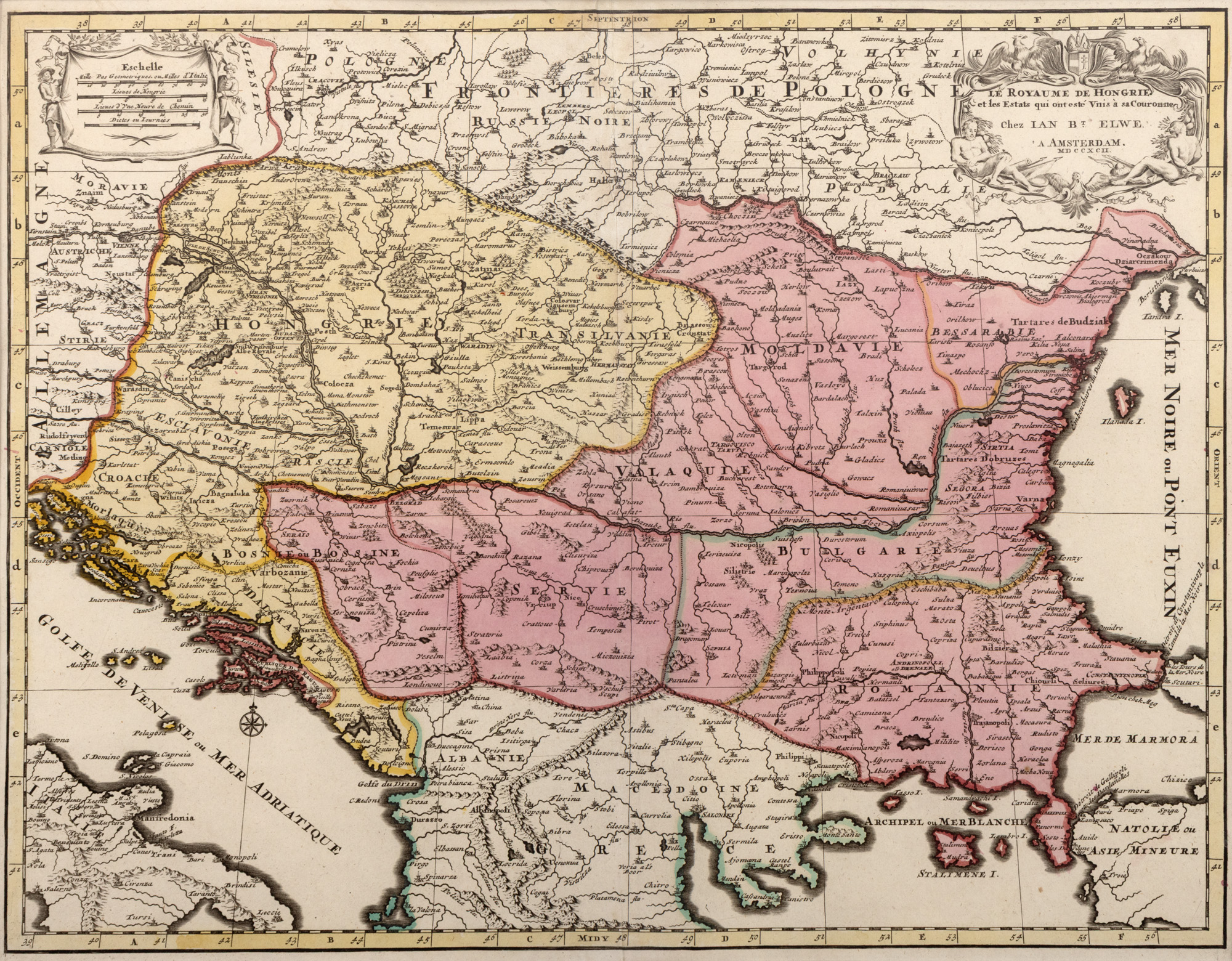 Hartă ”Regatul Ungariei și statele care au fost unite sub coroana sa”, de Jan Barend Elwe, Amsterdam, 1792