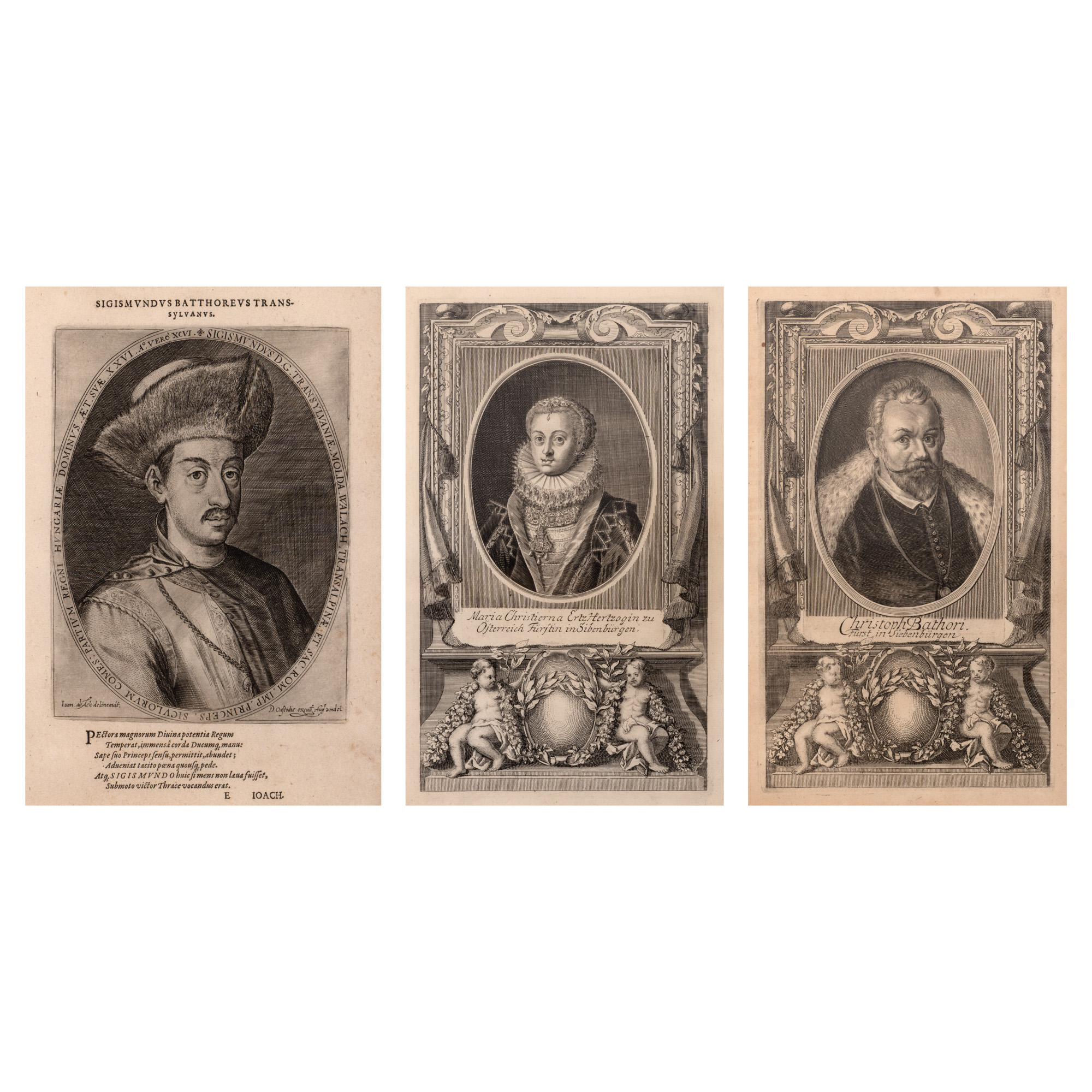 Lot format din trei gravuri ilustrându-i pe Sigismund Báthory, pe tatăl acestuia, Christopher Báthory şi pe soţia, Maria Christina Báthory, sec. XVII-XVIII