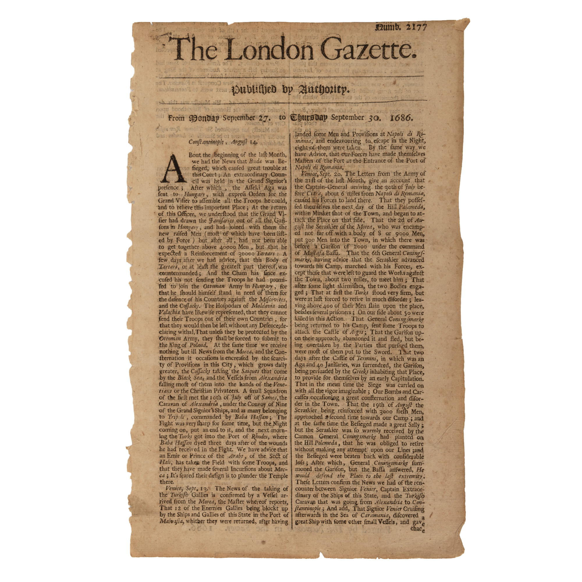 ”The London Gazette”, engleză, nr. 2177, 27-30 septembrie 1686, cu informații despre Țările Române
