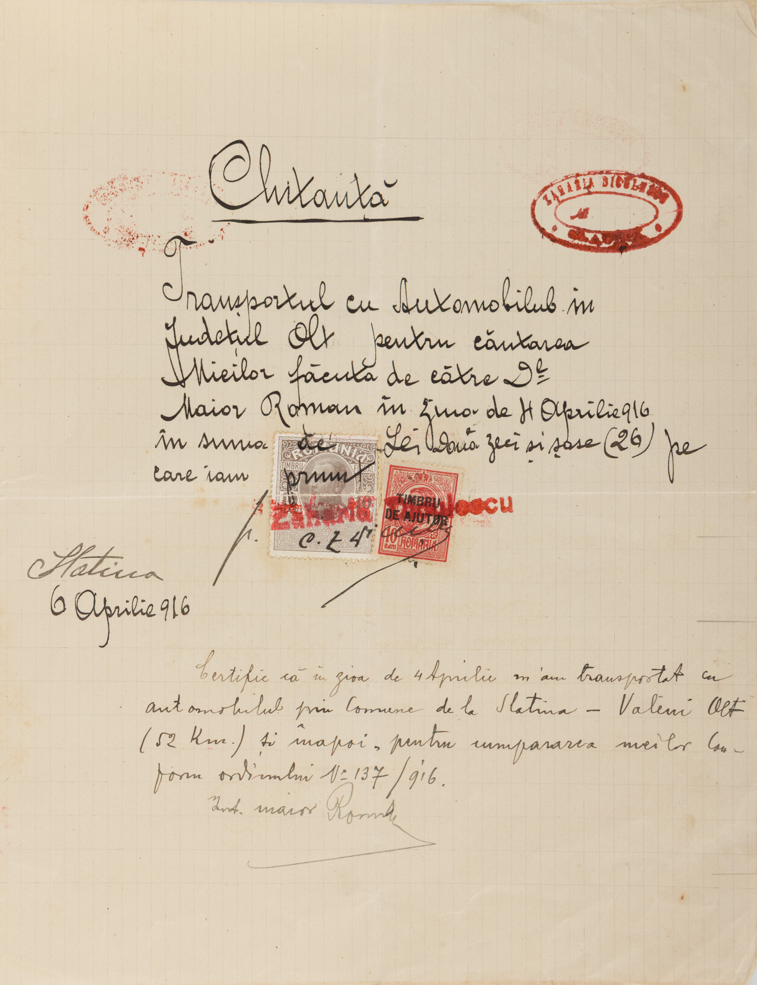 Receipt for a military transport for requisition, April 6, 1916, stamped and handwritten signed