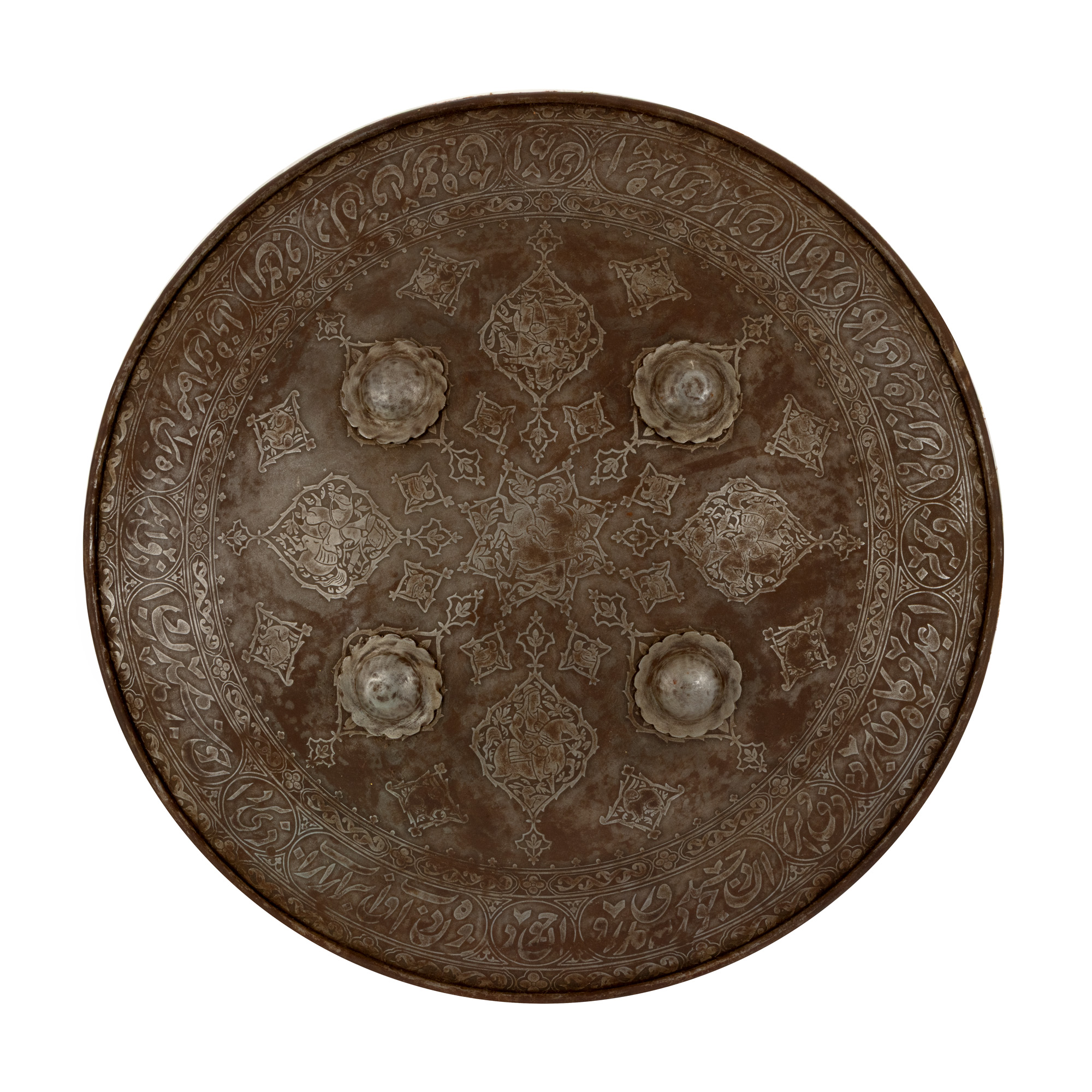 Indo-Persian Qajar shield, decorated with hunting scenes and quotes from the Quran, early 20th century