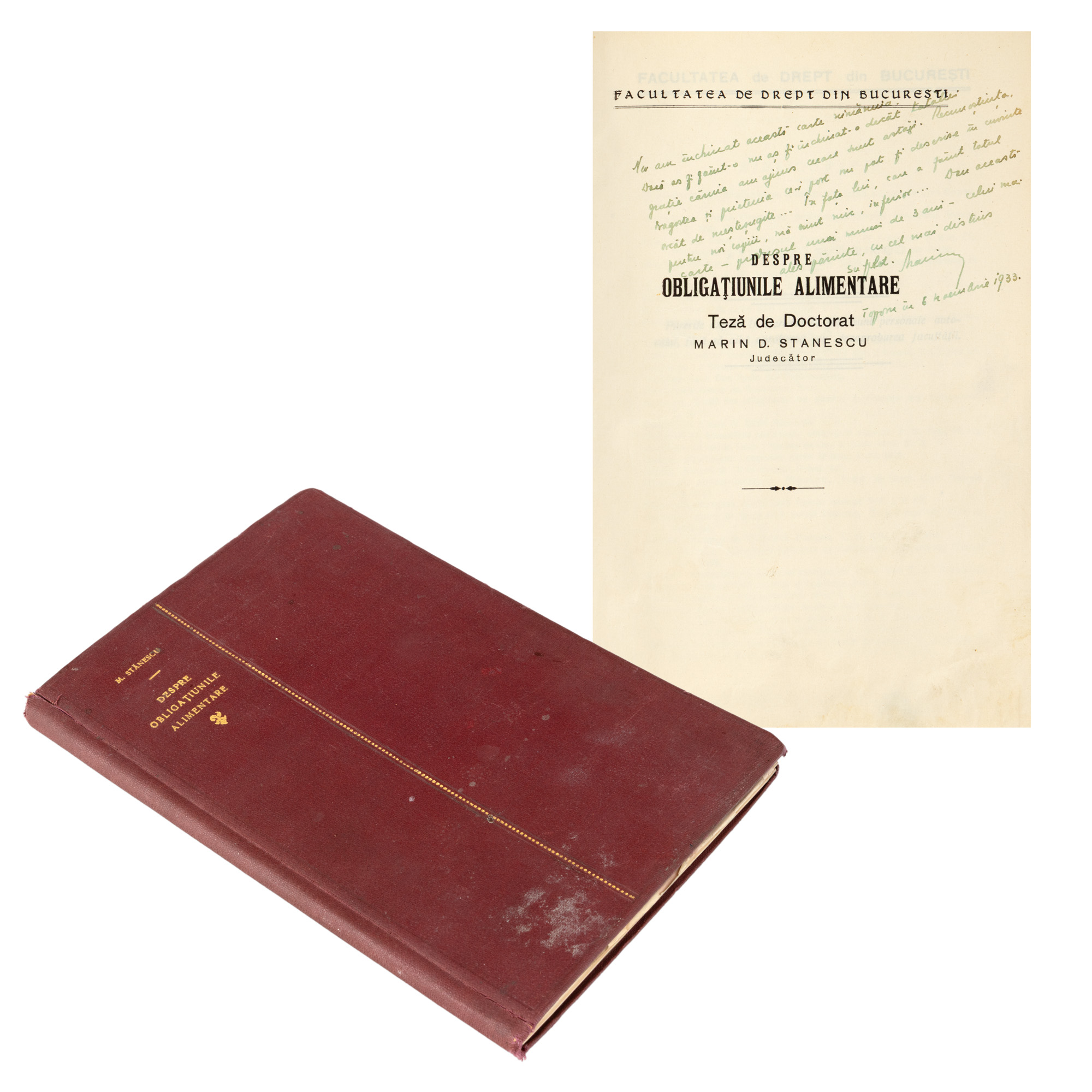 "About Alimony Obligations" by Marin D. Stănescu, doctoral thesis, Bucharest, 1933, with the dedication and handwritten signature of the author.
