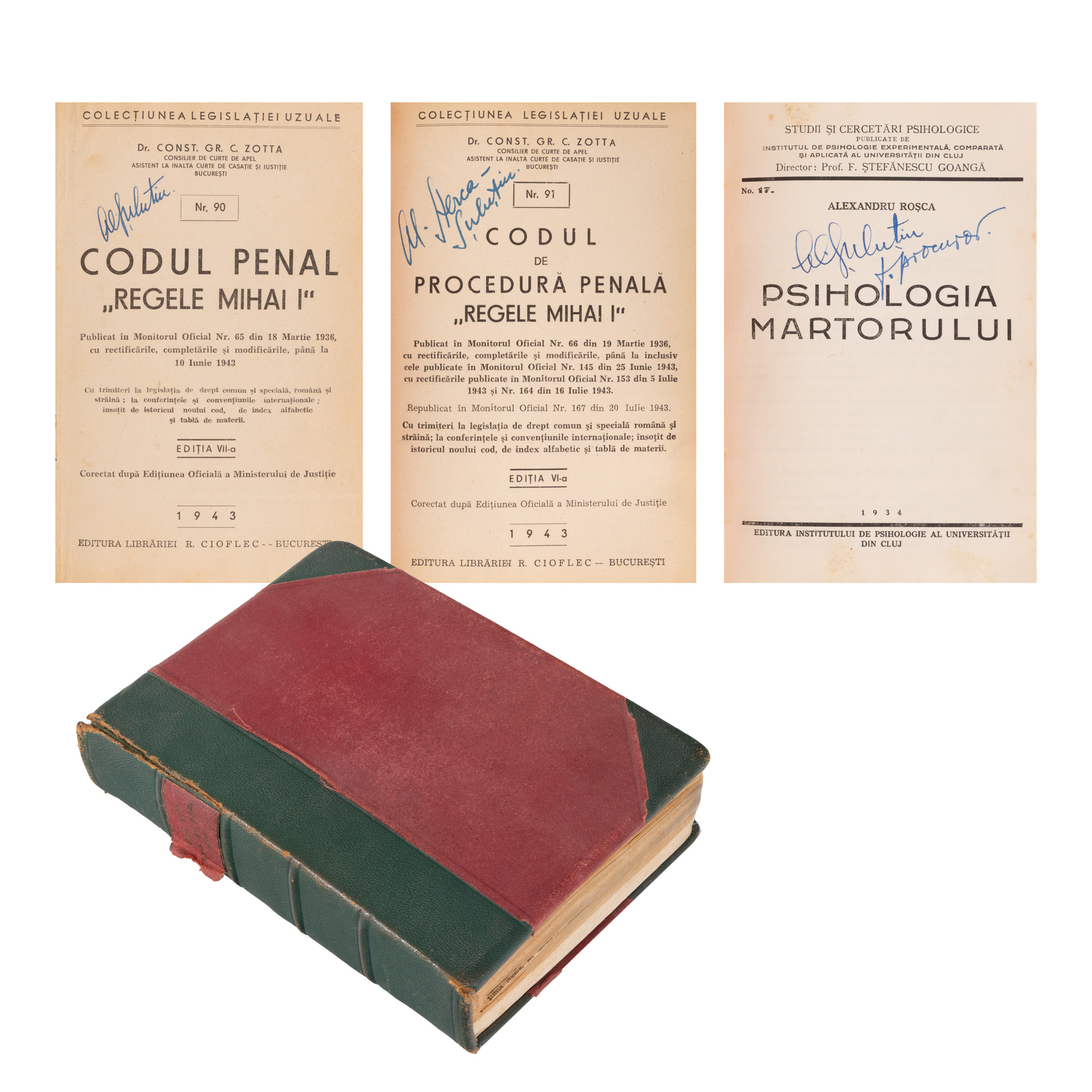 Colegat de două volume, ”Codul penal Regele Mihai I”, de Constantin Gr. C. Zotta, București, 1943, ”Psihologia martorului” de Alexandru Roșca, Cluj, 1934