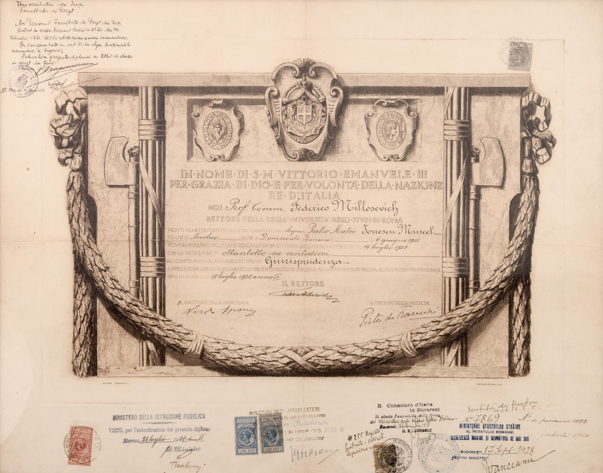 Diplomă universitară de doctor în Drept obținută de Petre Ionescu-Muscel, emisă de Universitatea din Roma, 1928