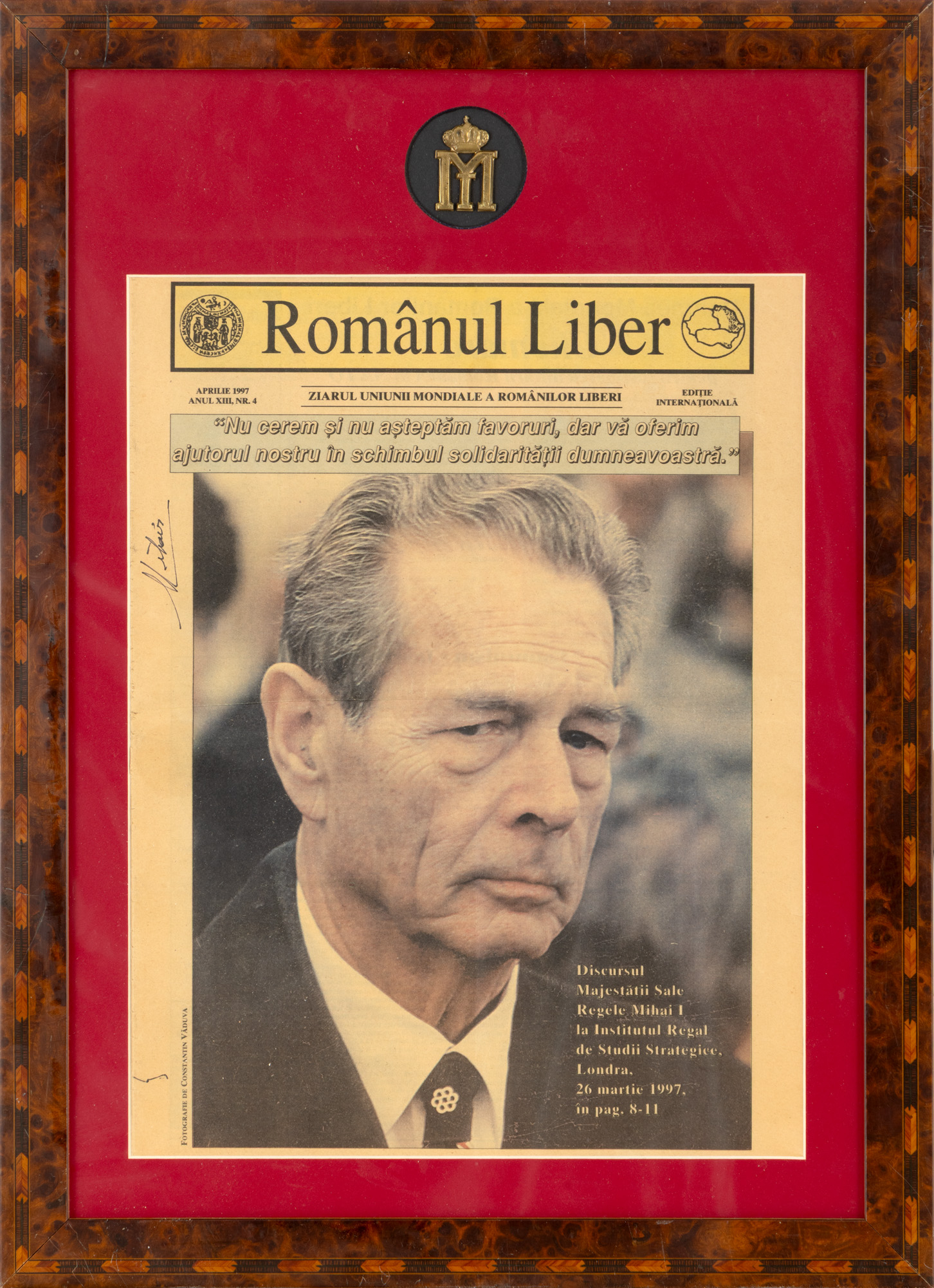 The newspaper "Românul liber" depicting on the first page King Mihai I, 1997, with his holograph signature
