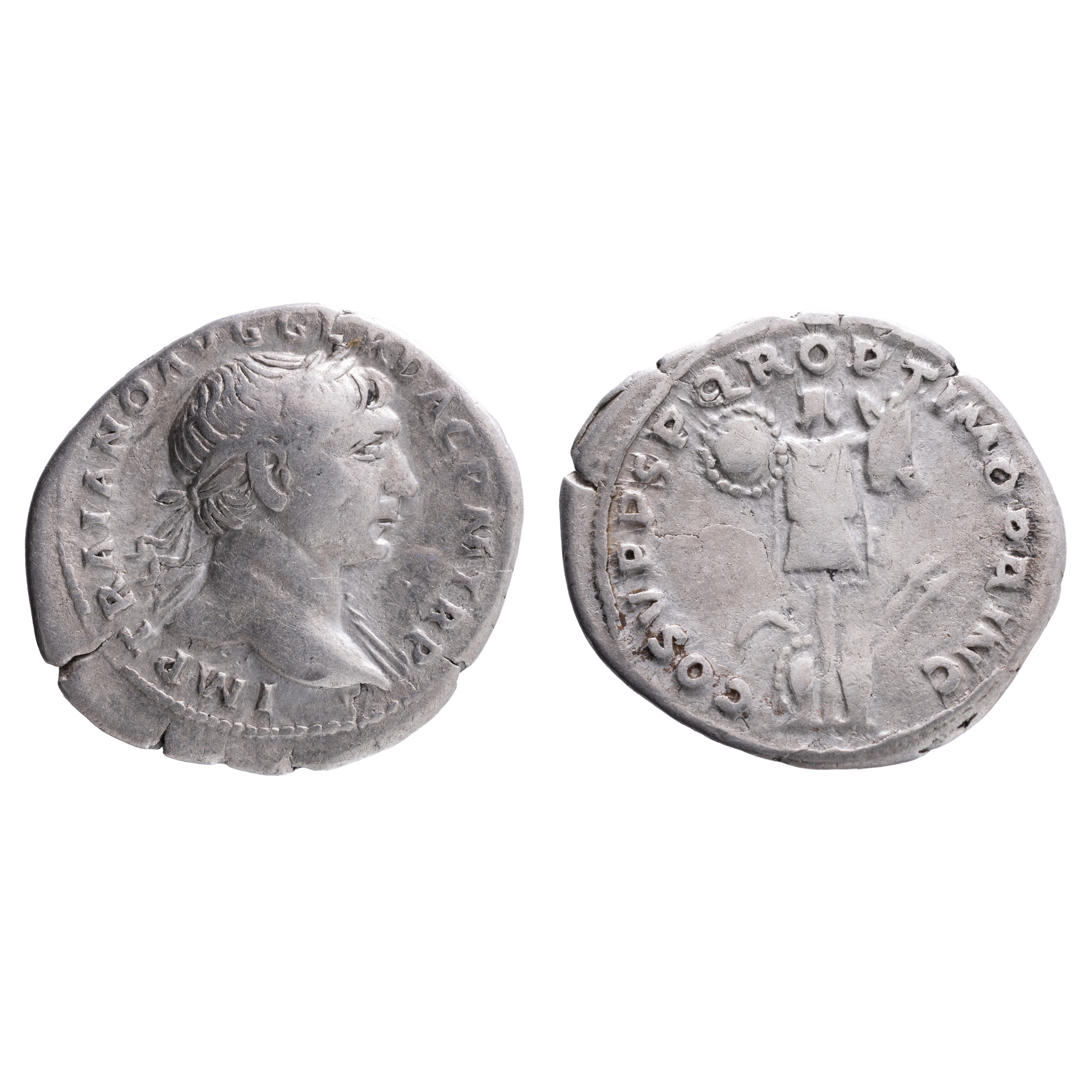 Monedă Denarius, Traian, tip trofeu, Imperiul Roman, 107-108 e.n., argint