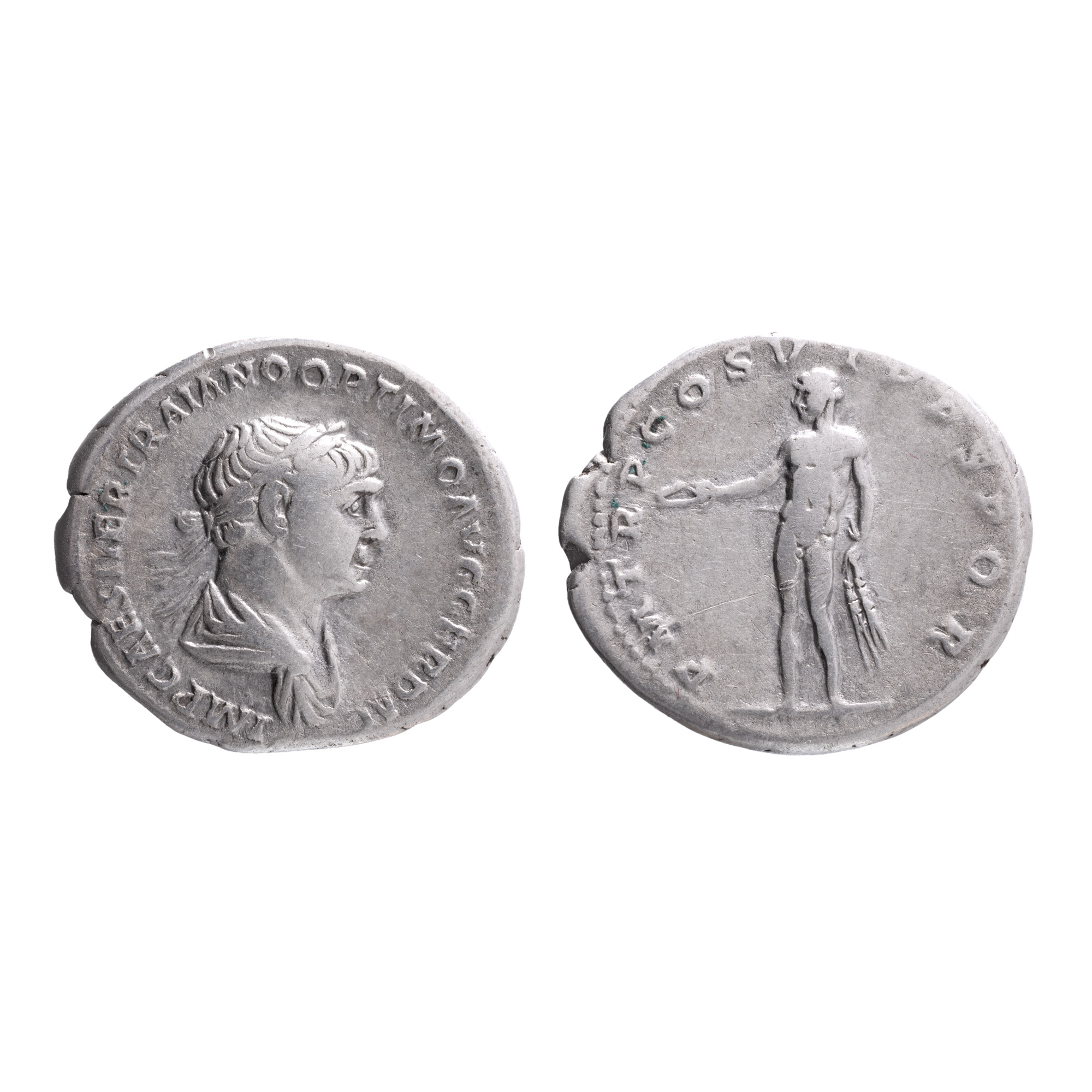 Monedă Denarius, Traian, tip Genius, Imperiul Roman, 114-117 e.n., argint