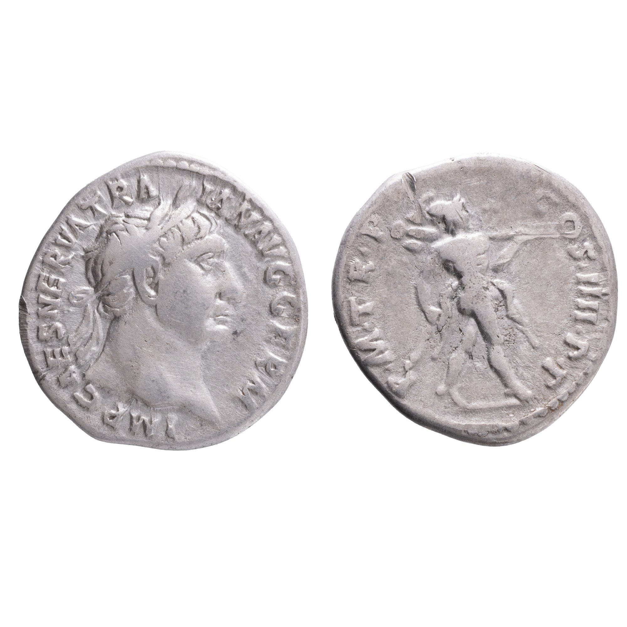 Monedă Denarius, Traian, tip Marte cu trofeu, Imperiul Roman, 101-102 e.n., argint