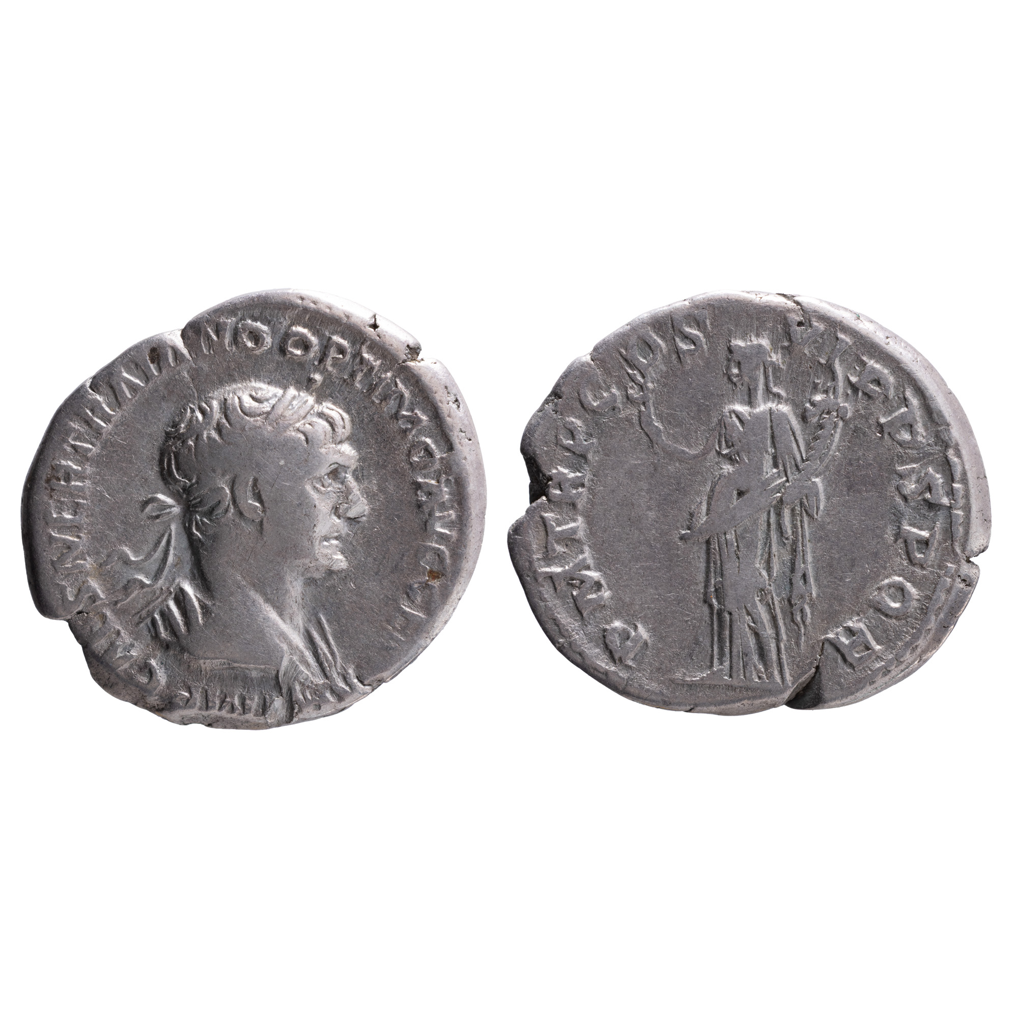Monedă Denarius, Traian, tip Felicitas, Imperiul Roman, 114-117 e.n., argint